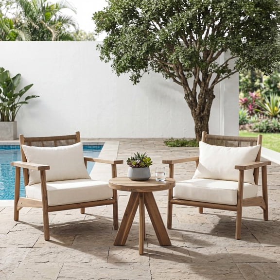 Christopher Knight Home 3-Piece Wood Outdoor Chat Set, Arm Chairs & Side Table, Beige Cushion, Warm Gray