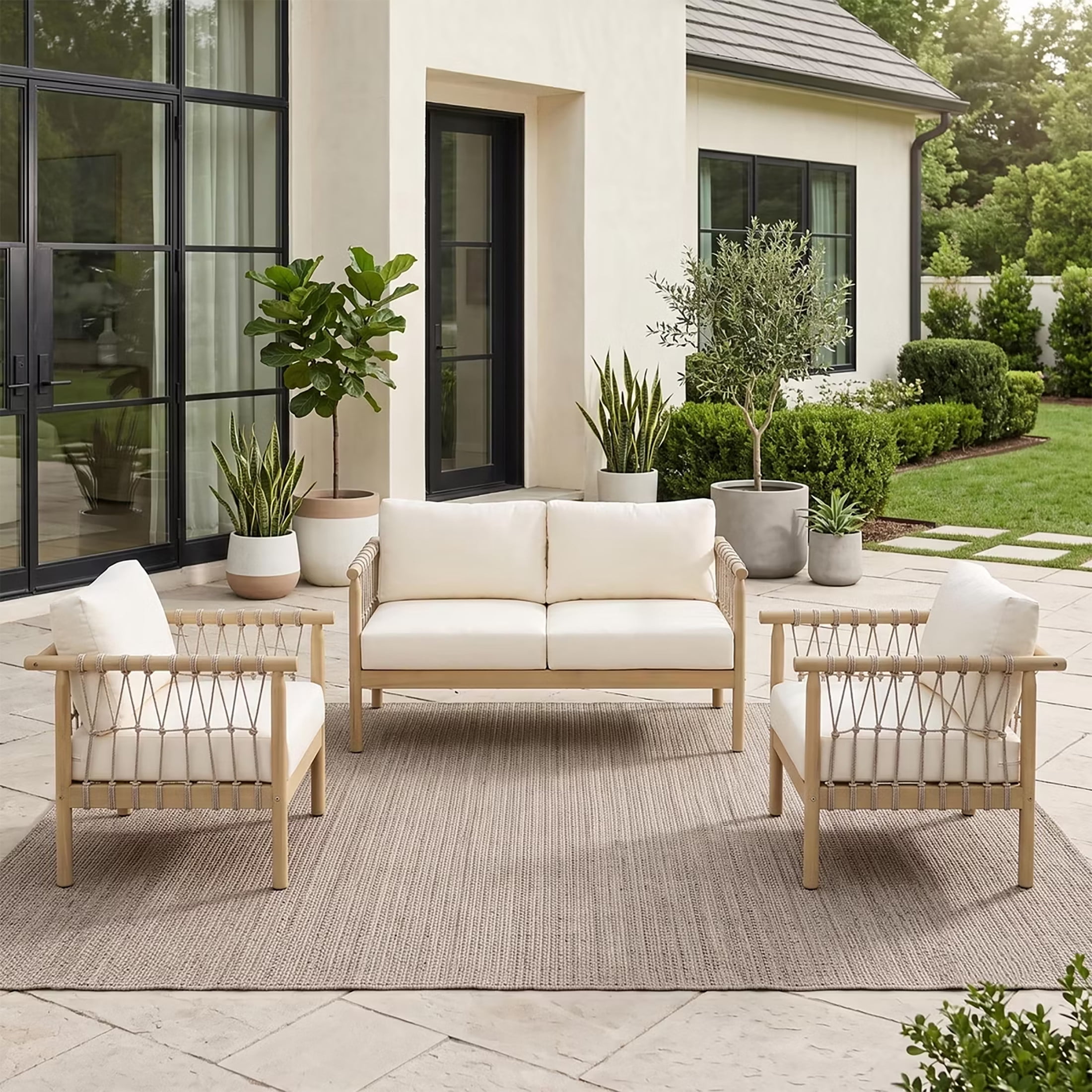 Christopher Knight Home 3-Piece Wood Outdoor Sofa Set with Cushions, 4 Seats, Light Teak+Cream