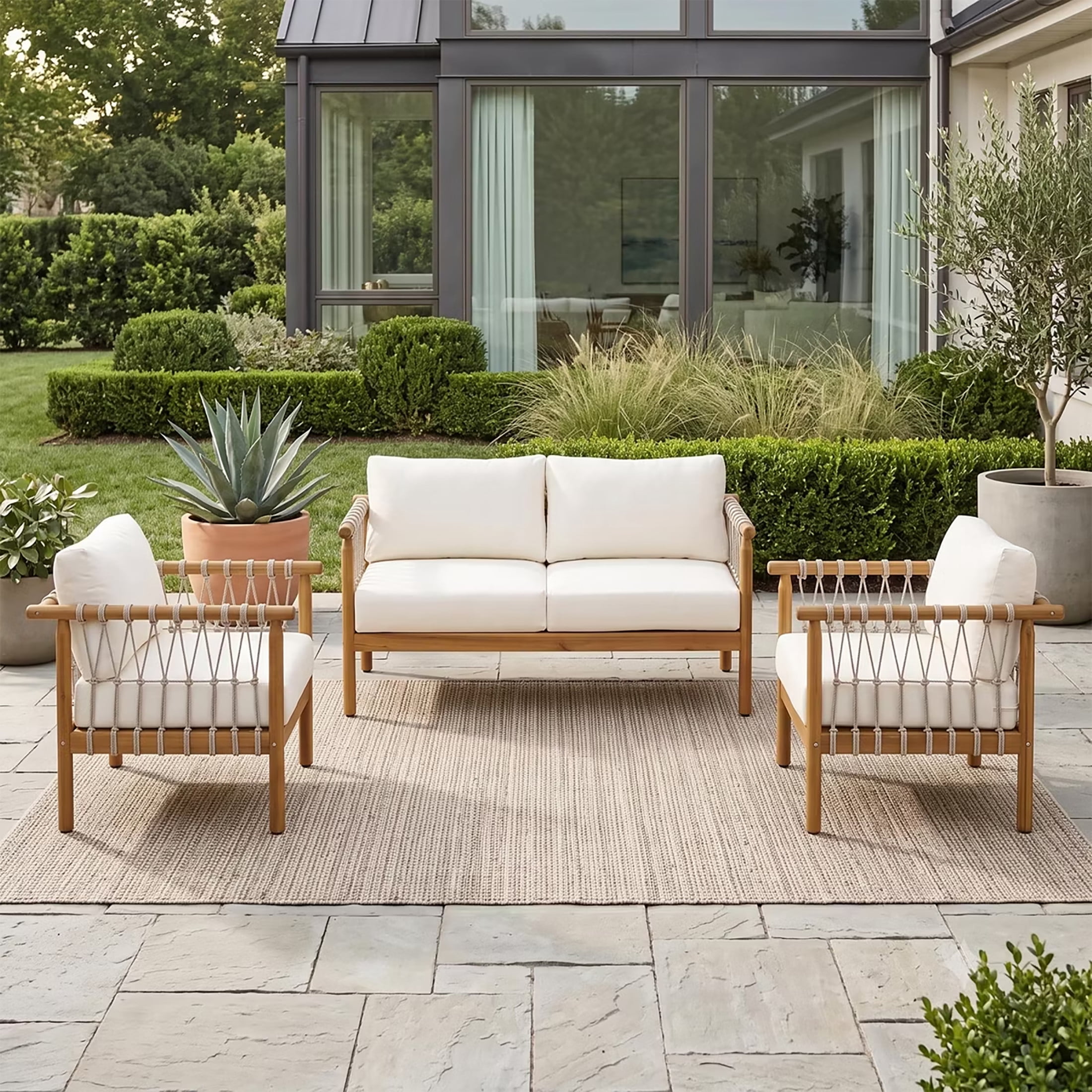 Christopher Knight Home 3-Piece Wood Outdoor Sofa Set with Cushions, 4 Seats, Teak+Cream