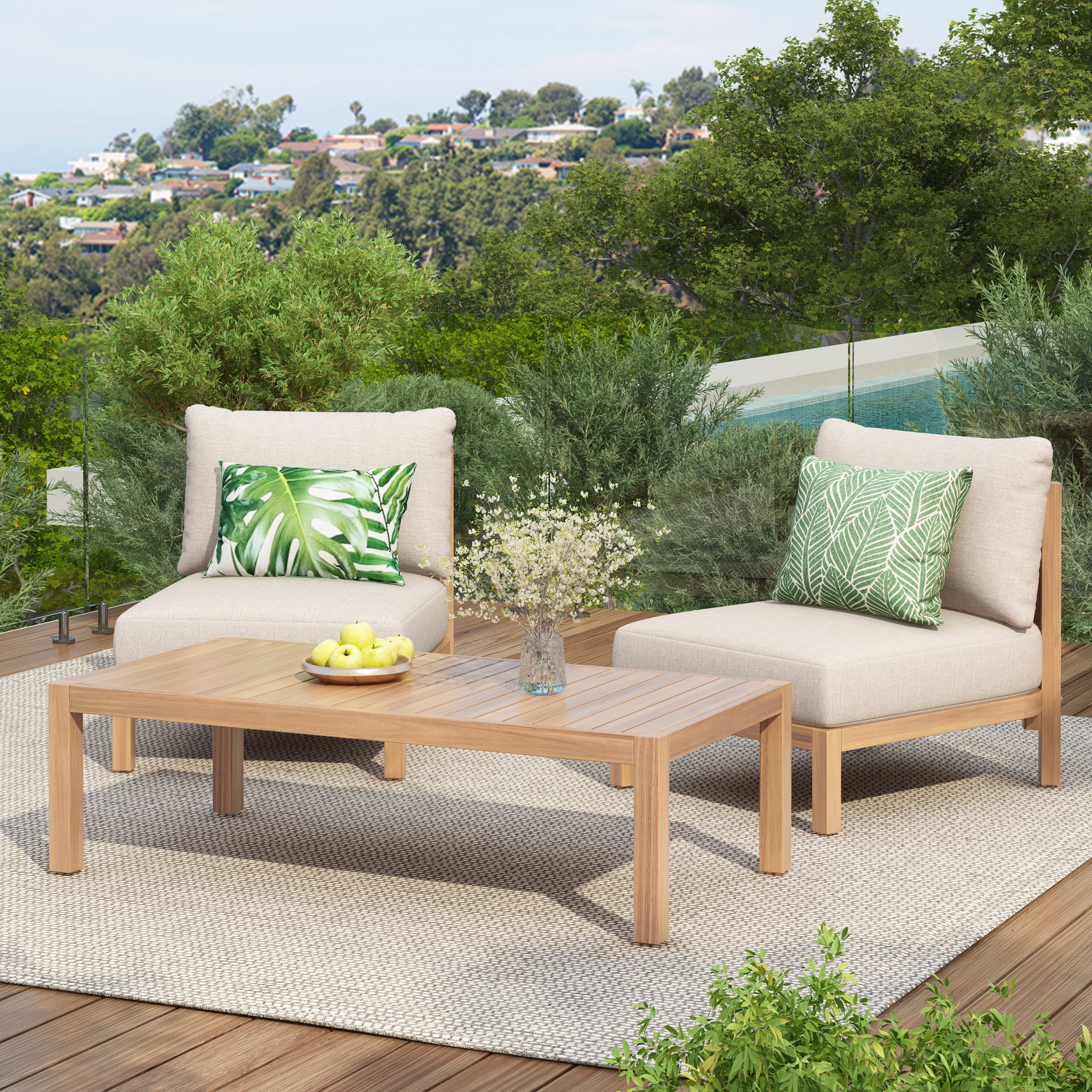 Christopher Knight Home 3-Piece Wood Outdoor Sofa Set with Rope Back and Beige Cushions, Light Teak