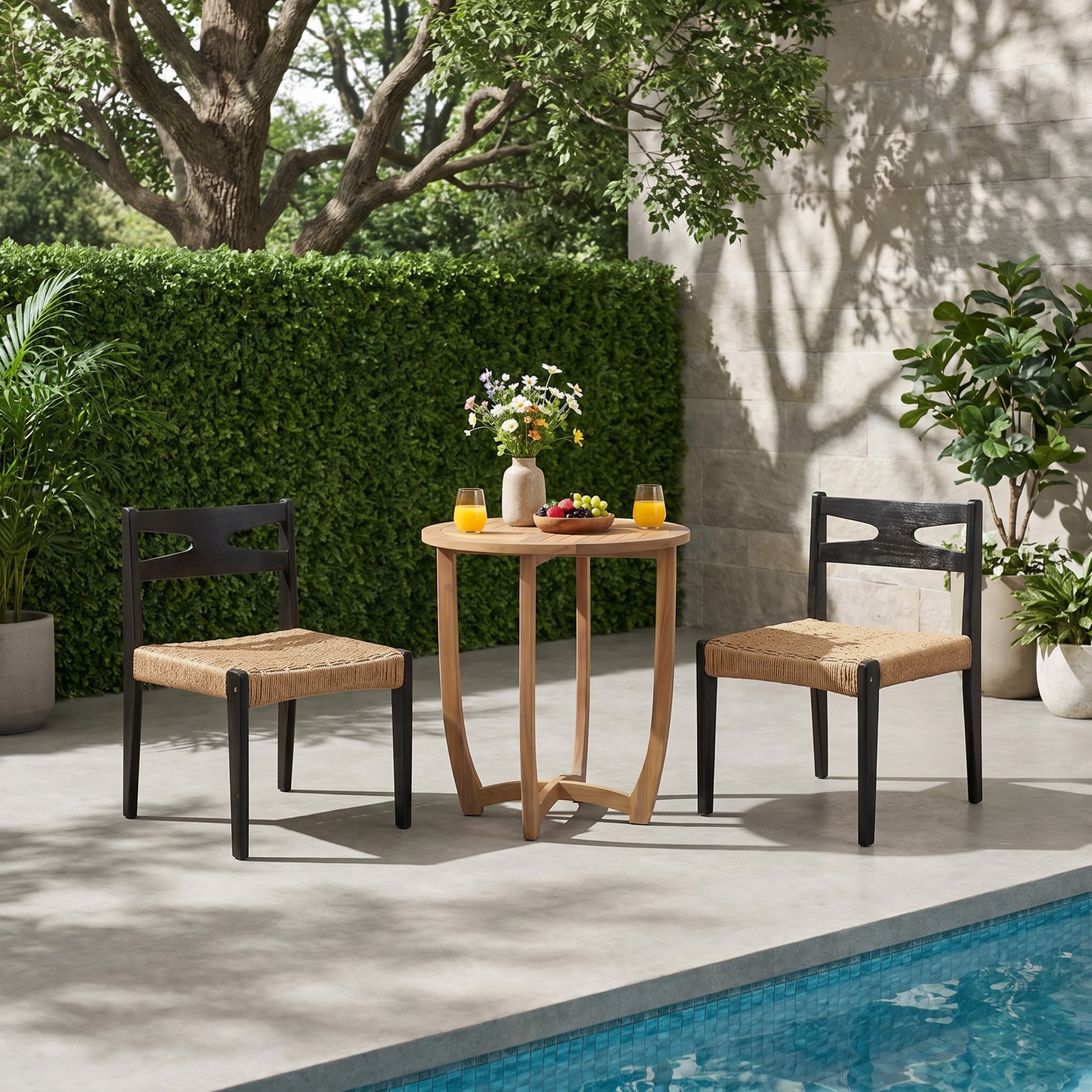 Christopher Knight Home 3-Piece Wooden Bistro Dining Set, Woven Chairs with Round Table, Teak+Black