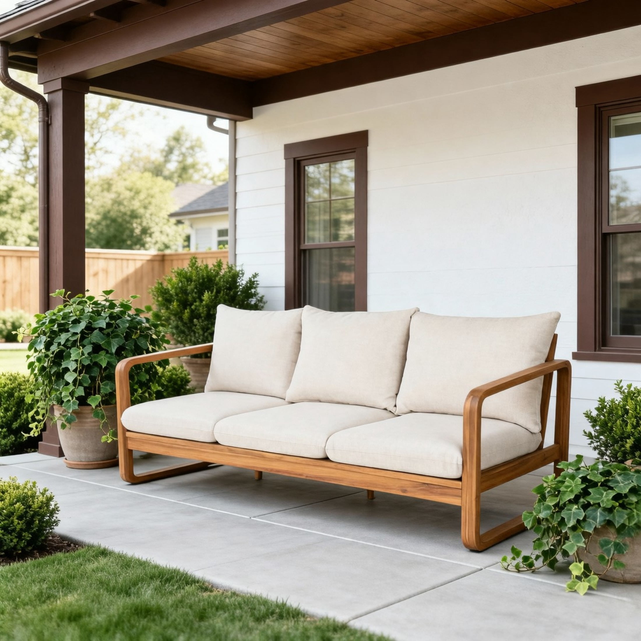 Christopher Knight Home 3-Seat Outdoor Sofa, Wooden Couch with Water-Repellent Cushions, Beige+Teak