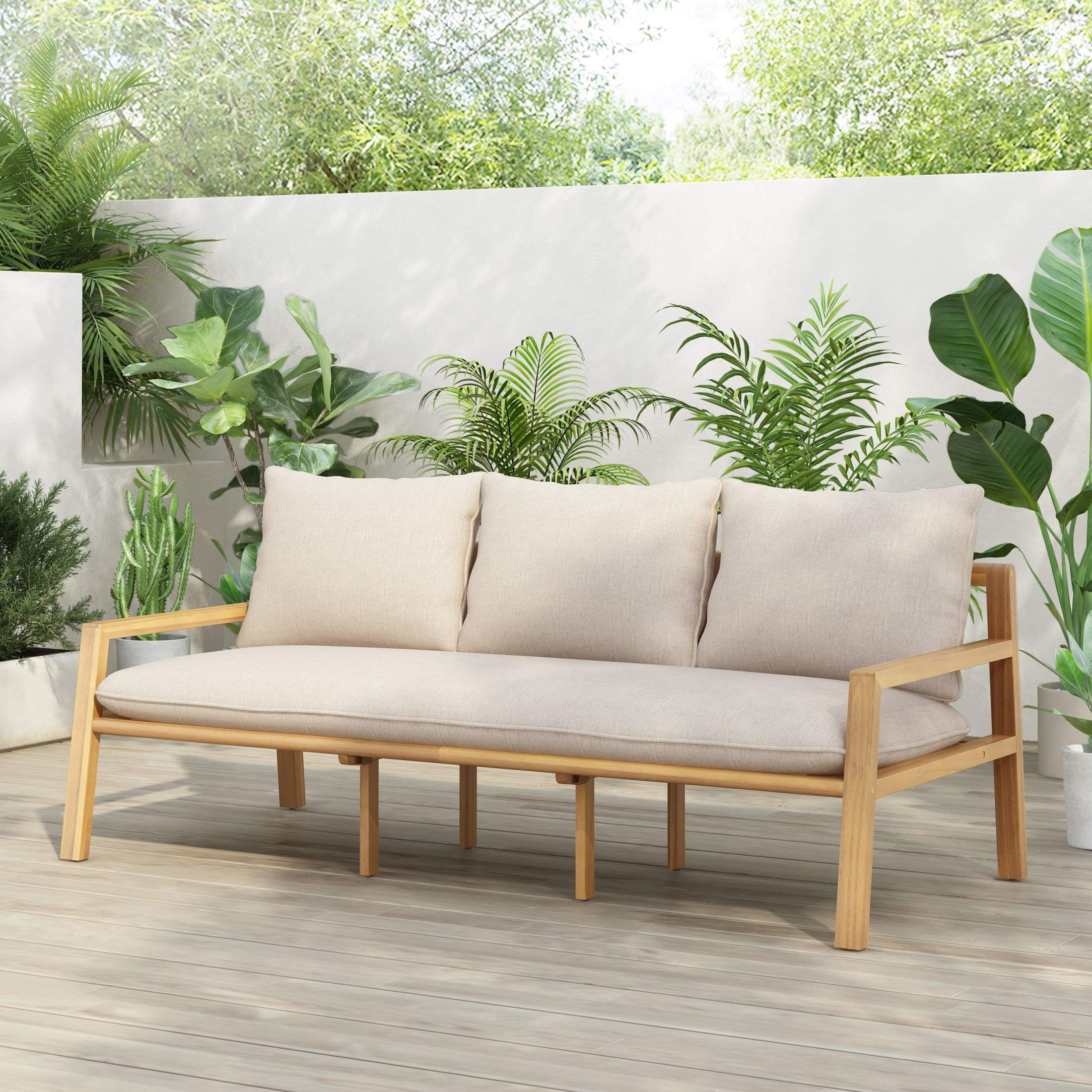 Christopher Knight Home 3-Seat Patio Outdoor Sofa with Cushions, Woven Strap Back, Acacia Wood Frame, Light Teak+Beige