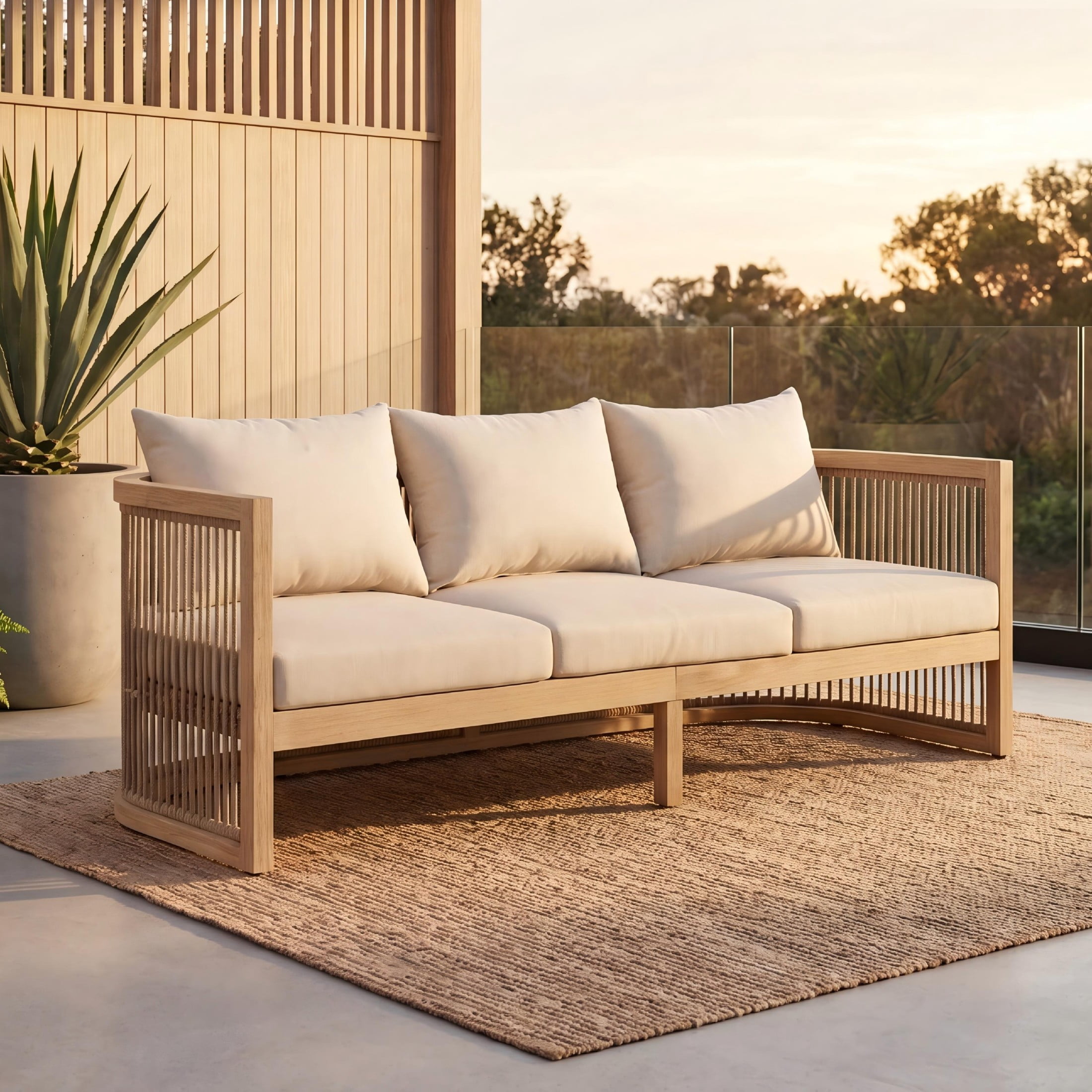 Christopher Knight Home 3-Seater Acacia Wood Outdoor Sofa with Rope and Cushions, Light Teak+Beige