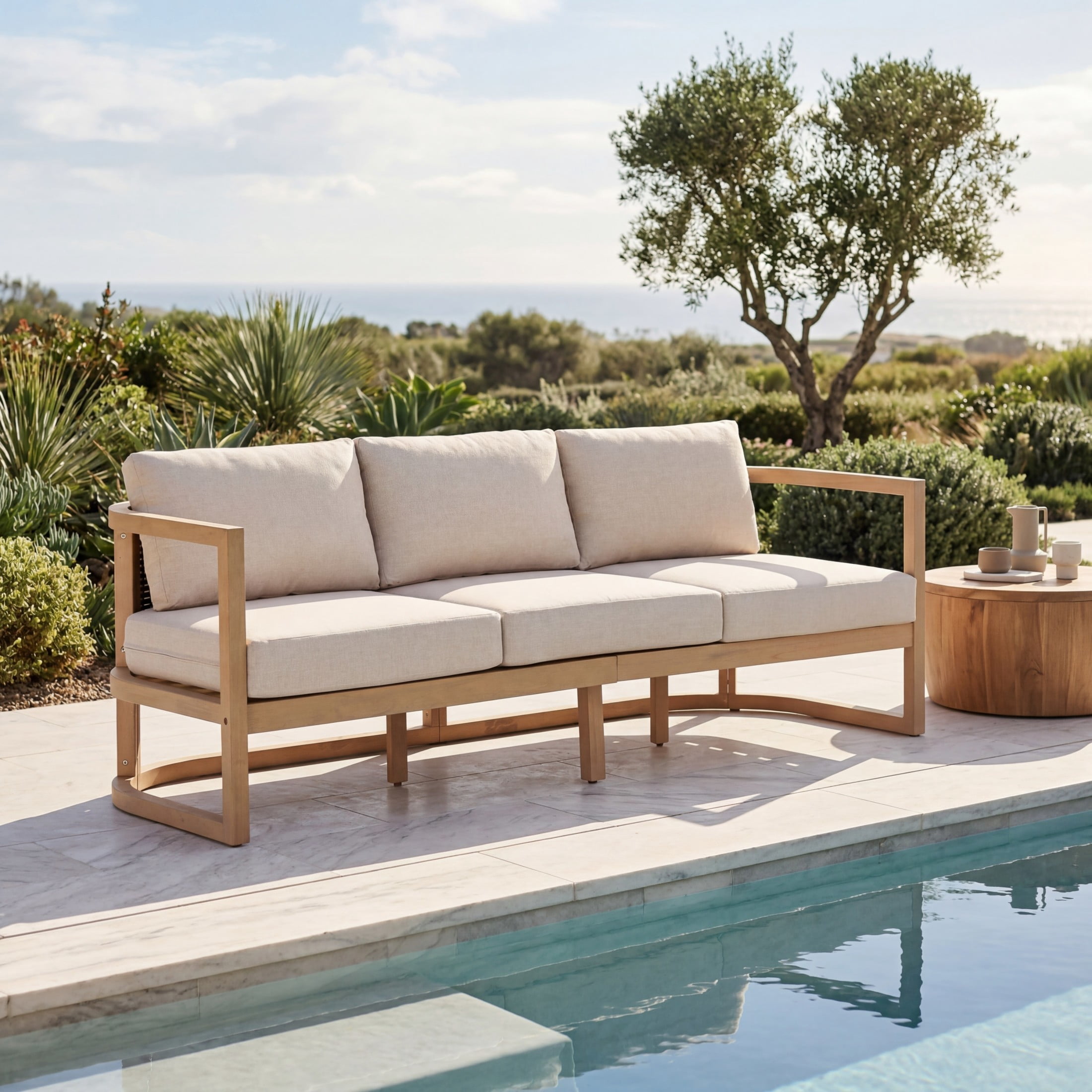 Christopher Knight Home 3-Seater Outdoor Acacia Wood Sofa, Rattan Back and Beige Cushion, Light Teak