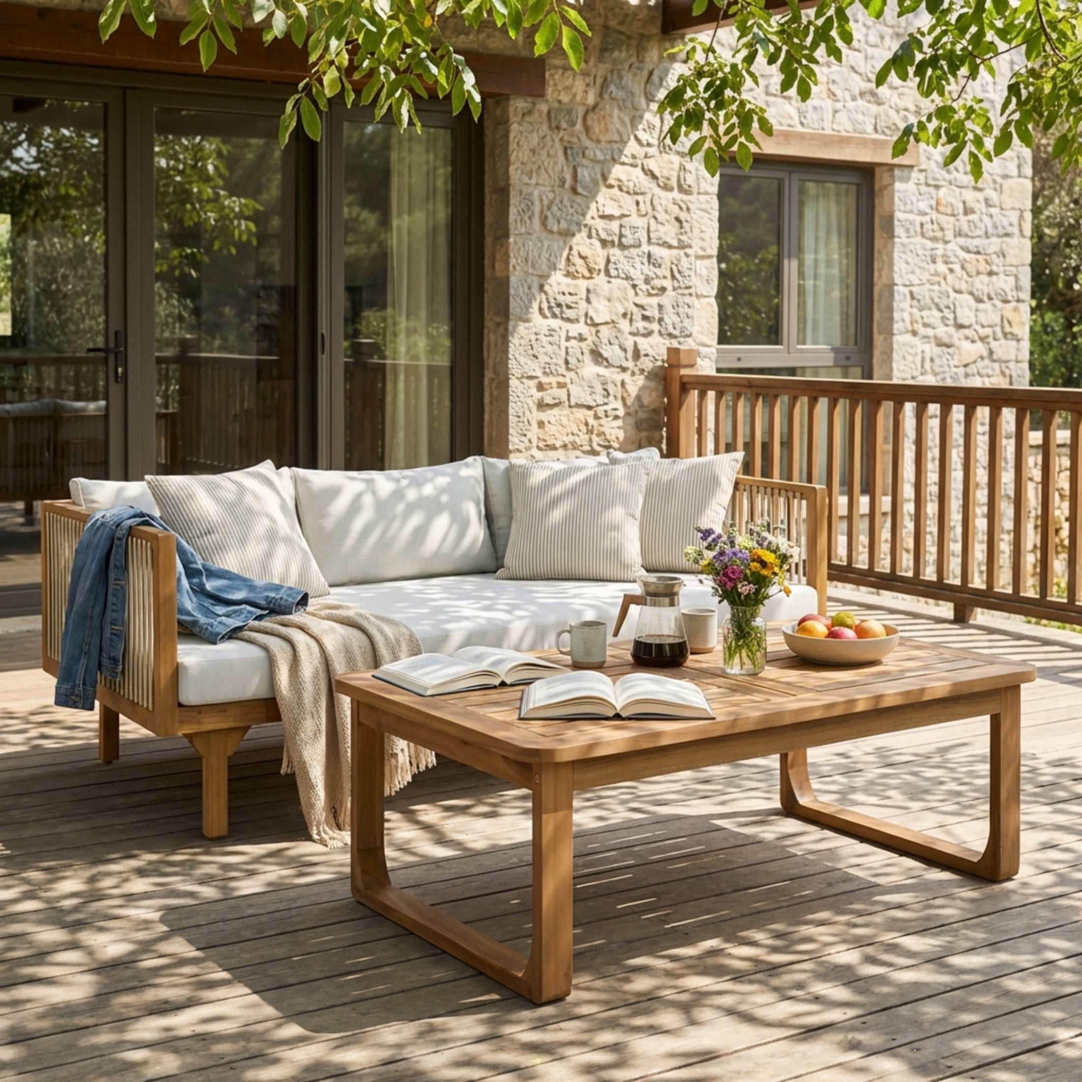 Christopher Knight Home 3-Seater Outdoor Daybed with Coffee Table Set, Light Teak + Light Gray