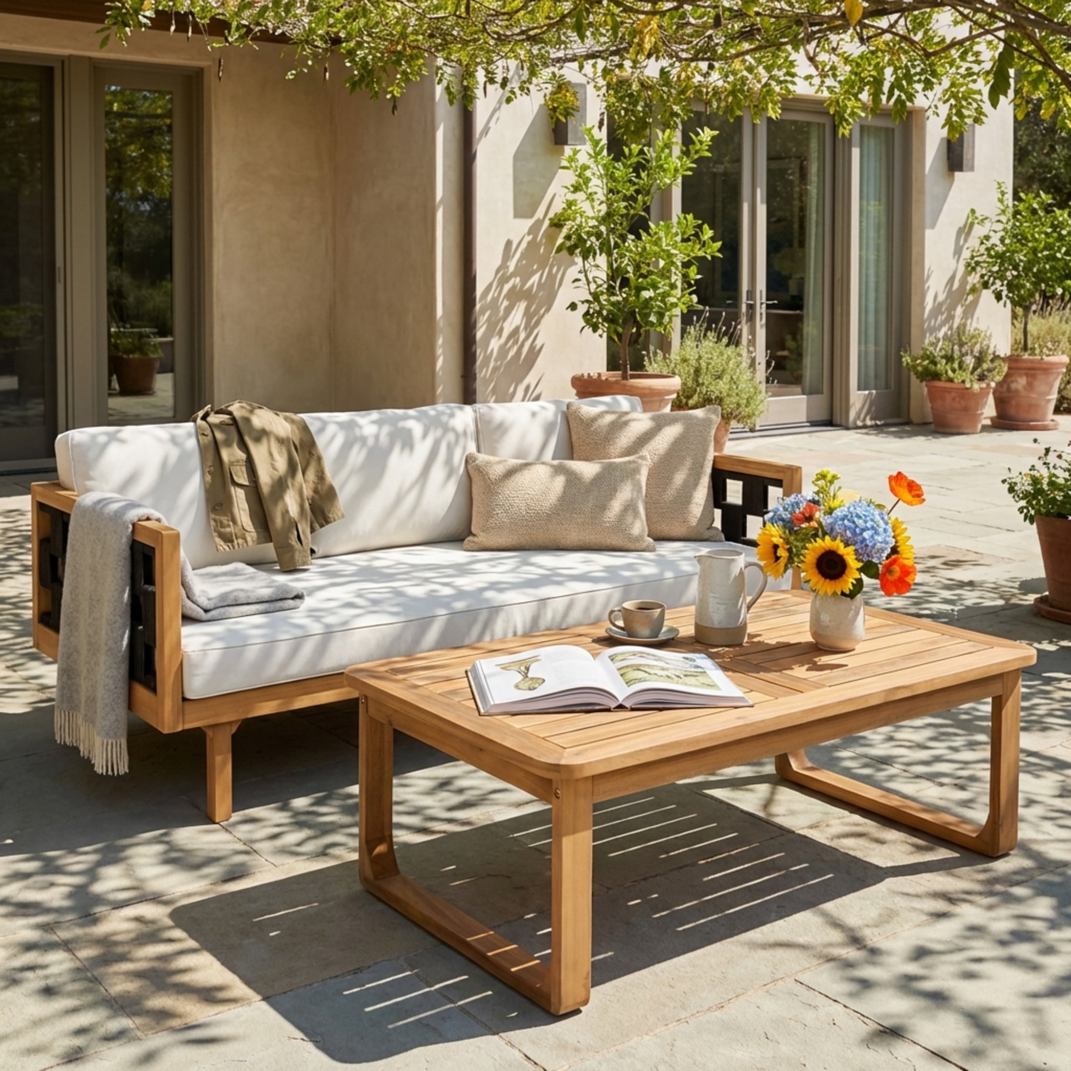 Christopher Knight Home 3-Seater Outdoor Daybed with Coffee Table Set, Light Teak + Light Gray