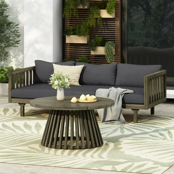 Christopher Knight Home 3-Seater Outdoor Daybed with Dark Gray Cushion and Round Coffee Table, Gray Wood Frame