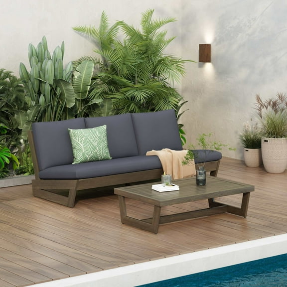 Christopher Knight Home 3-Seater Outdoor Patio Loveseat with Slatted Coffee Table, Acacia Wood Frame, Dark Gray
