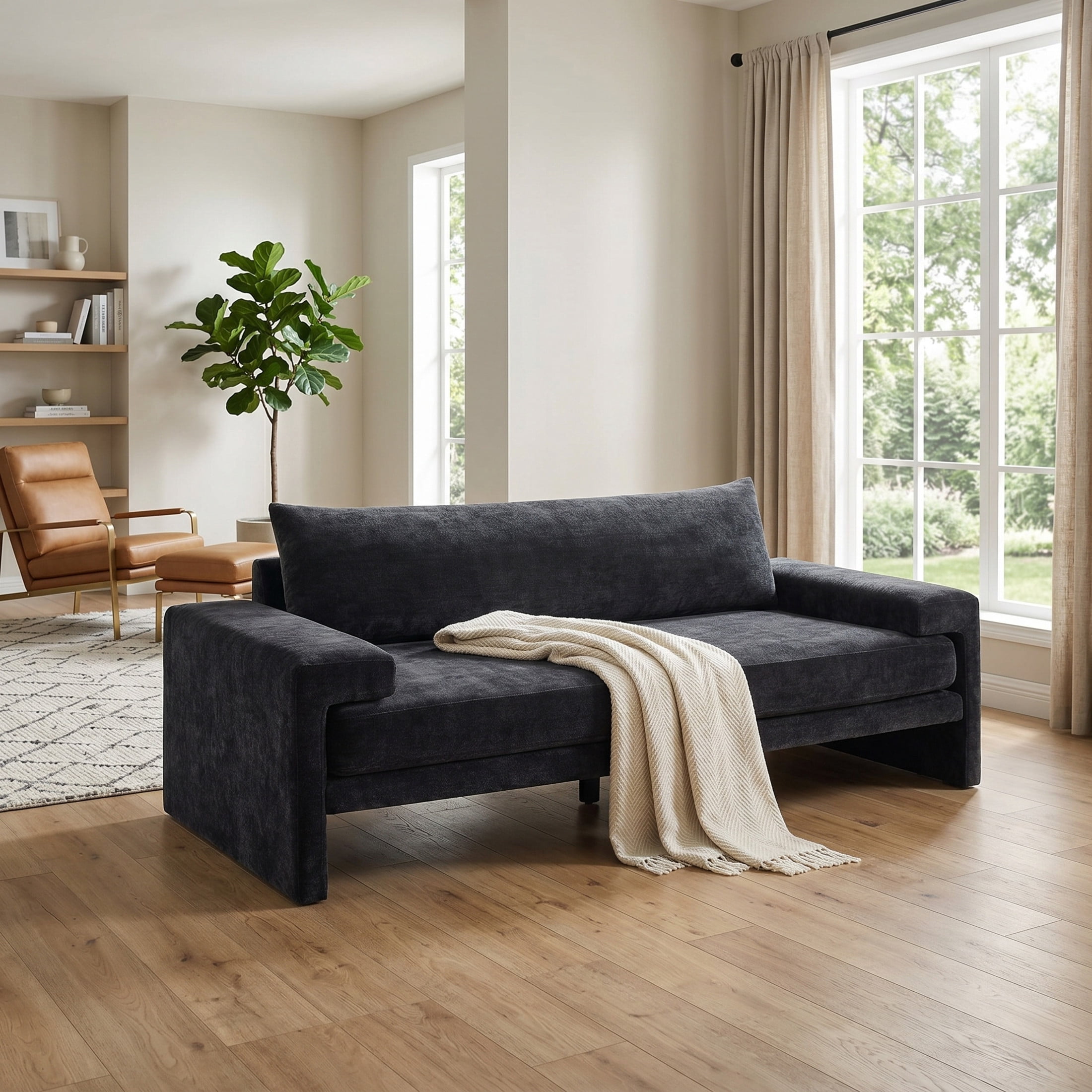 Christopher Knight Home 3-Seater Sofa with Chenille Upholstery, Wide Armrests, Thick Cushion, Black