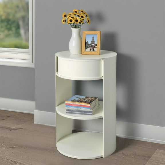 Christopher Knight Home 3-Tier Metal Round End Table, Side Table with Sliding Door Cabinet, Matte White