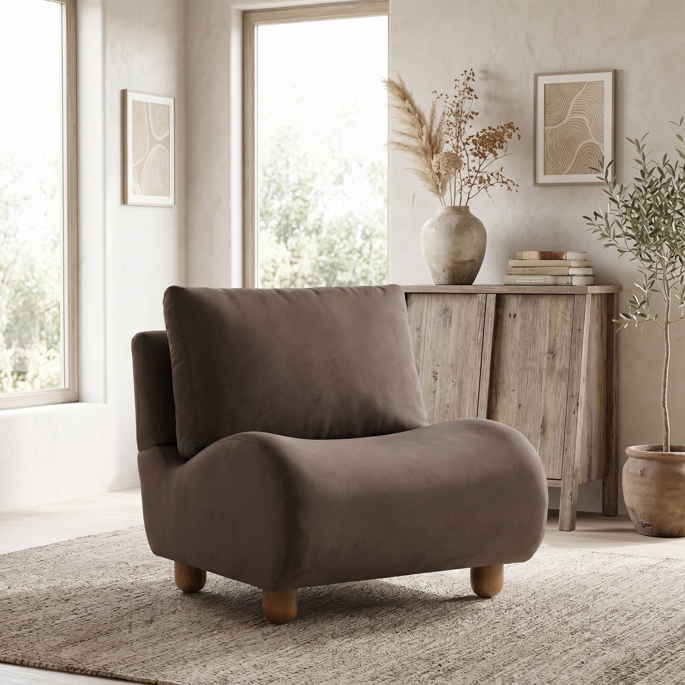 Christopher Knight Home 30.1" Modern Curved Accent Chair, Velvet Upholstered with Wood Legs, Dark Brown