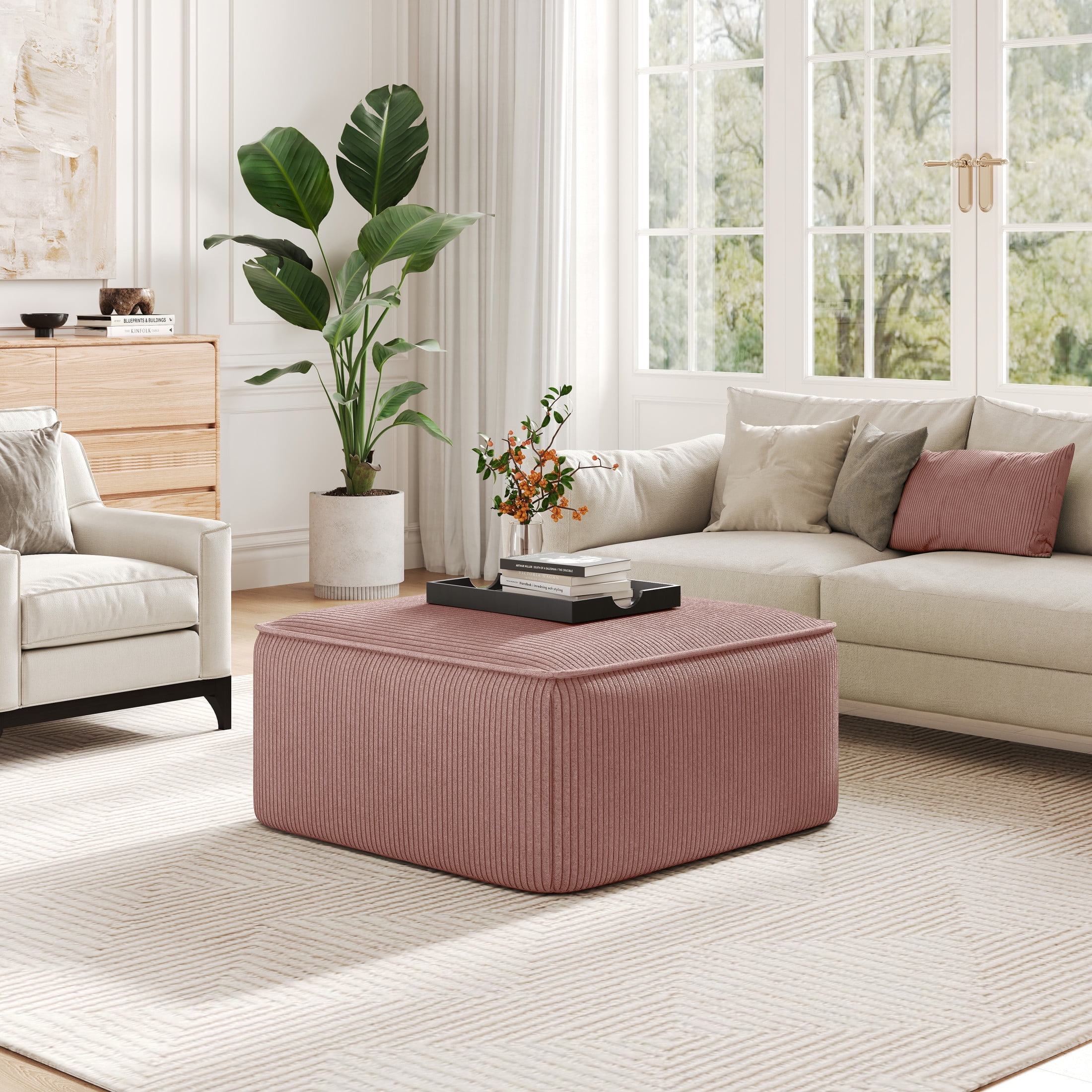 Christopher Knight Home 30.25" Corduroy Upholstered Sectional Ottoman, Wood Frame, Pink