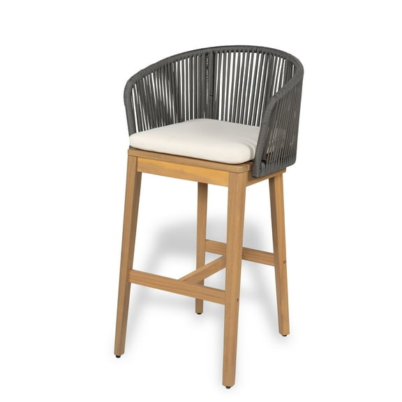 Christopher Knight Home 30.5" Outdoor Bar Stool with Rope Backrest and Cushion, Solid Wood Frame, Grey, Set of 2