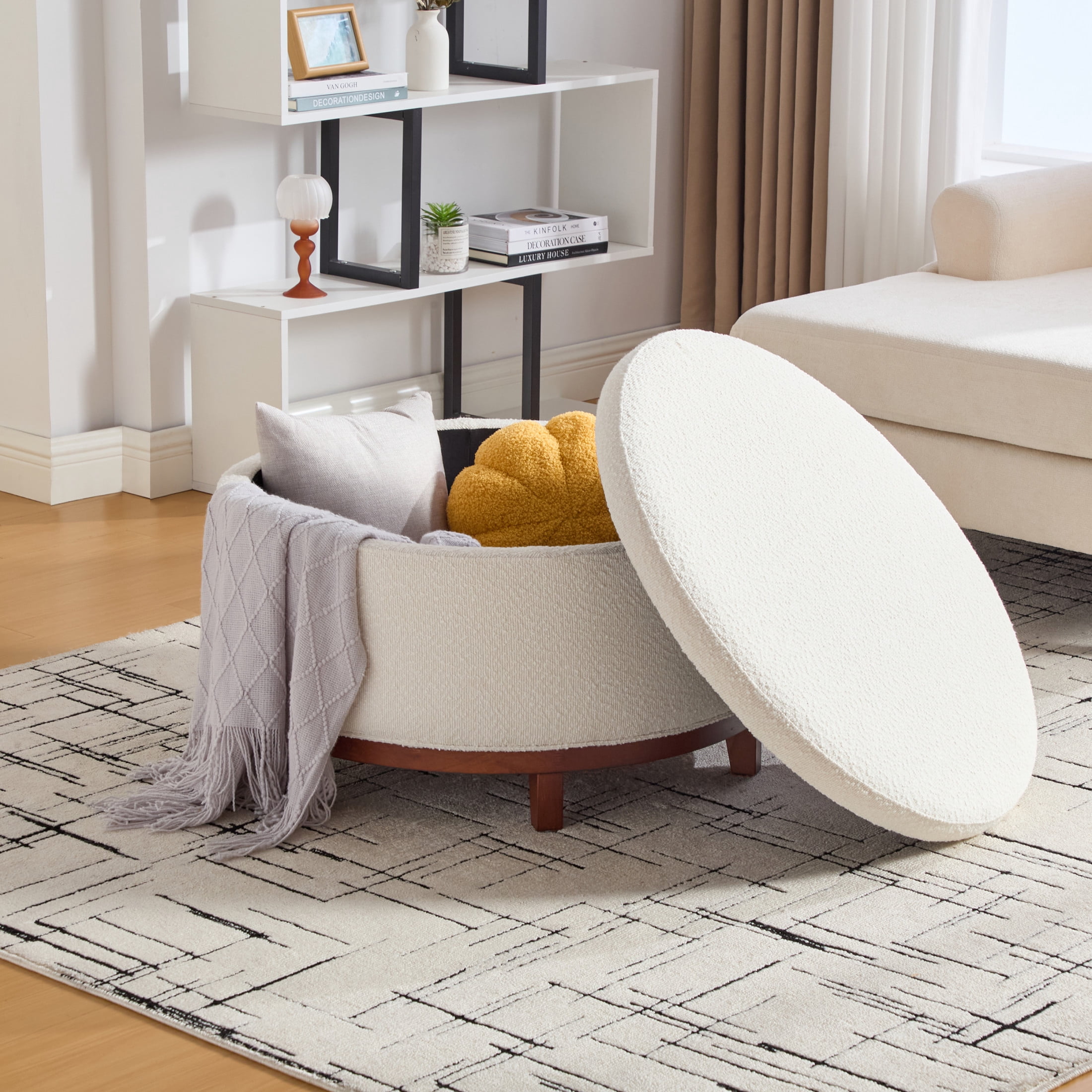 Christopher Knight Home 30.7" Modern Round Storage Ottoman, Boucle Upholstered with Wooden Legs, Beige