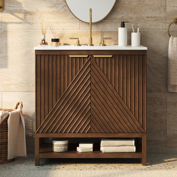 Christopher Knight Home 30" Bathroom Vanity, Fluted Cabinet with Ceramic Sink, Hidden Storage, Walnut