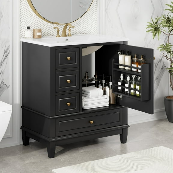Christopher Knight Home 30" Bathroom Vanity with Ceramic Sink, Multifunctional Storage, Soft Close Door, Black