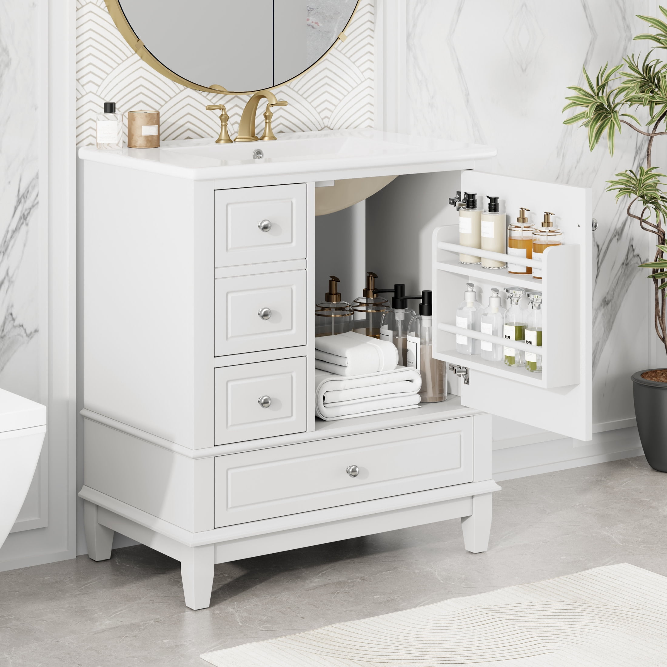 Christopher Knight Home 30" Bathroom Vanity with Ceramic Sink, Multifunctional Storage, Soft Close Door, White