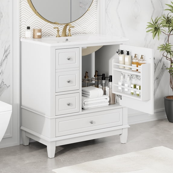 Christopher Knight Home 30" Bathroom Vanity with Ceramic Sink, Multifunctional Storage, Soft Close Door, White