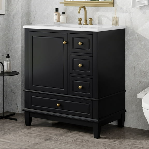 Christopher Knight Home 30" Bathroom Vanity with Ceramic Sink, Soft-Close Door and 3 Drawers, Black