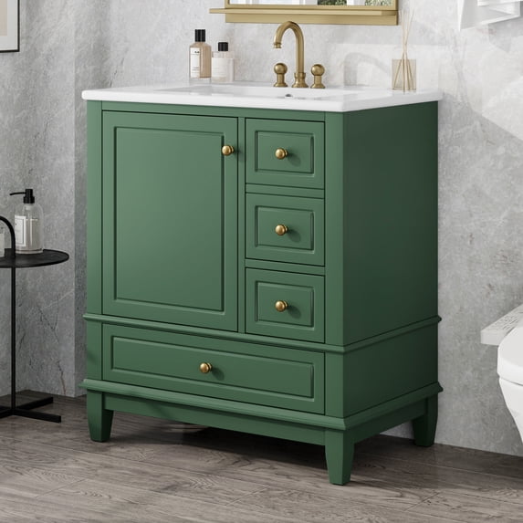Christopher Knight Home 30" Bathroom Vanity with Ceramic Sink, Soft-Close Door and 3 Drawers, Green