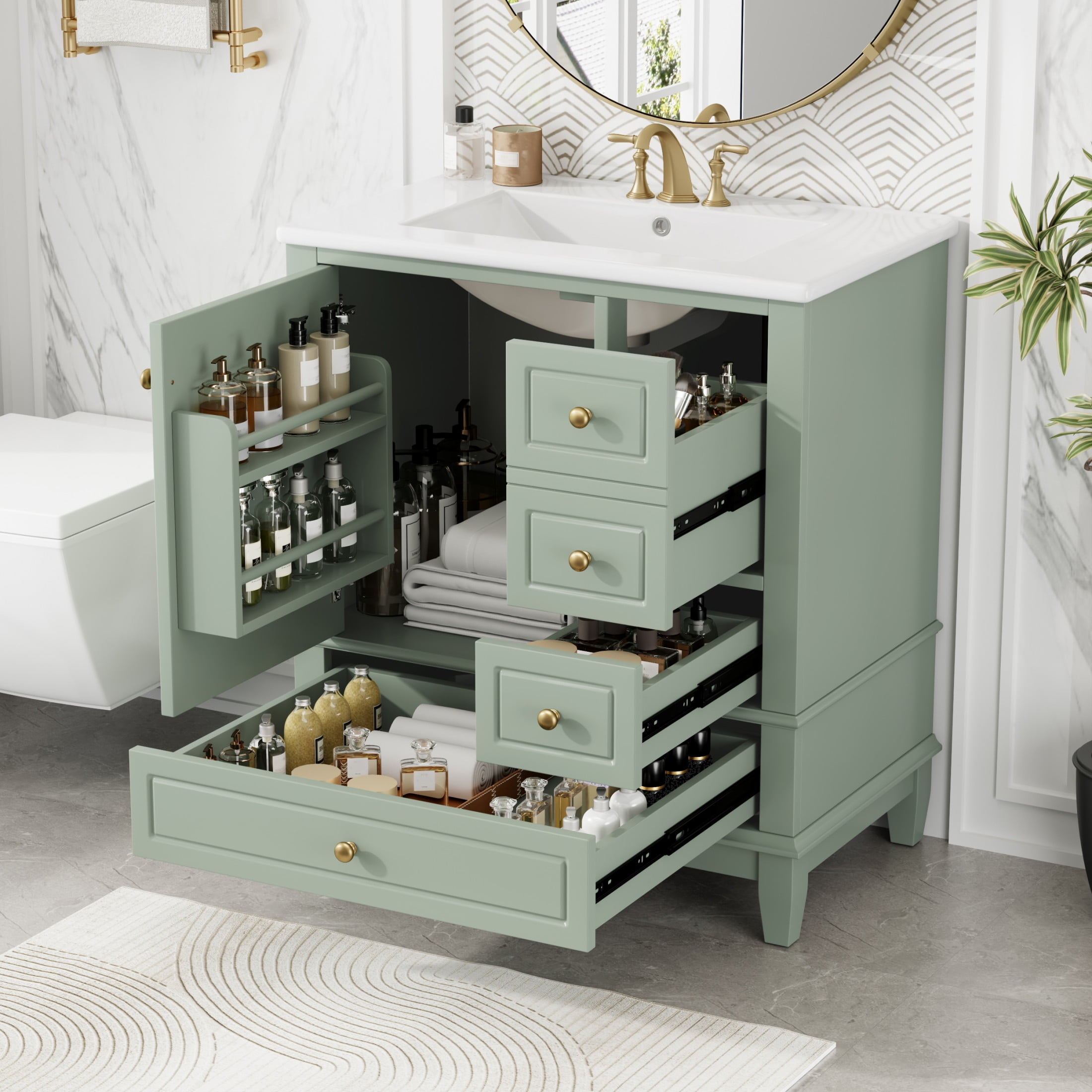 Christopher Knight Home 30" Bathroom Vanity with Ceramic Sink, Soft-Close Door and 3 Drawers, Light Green
