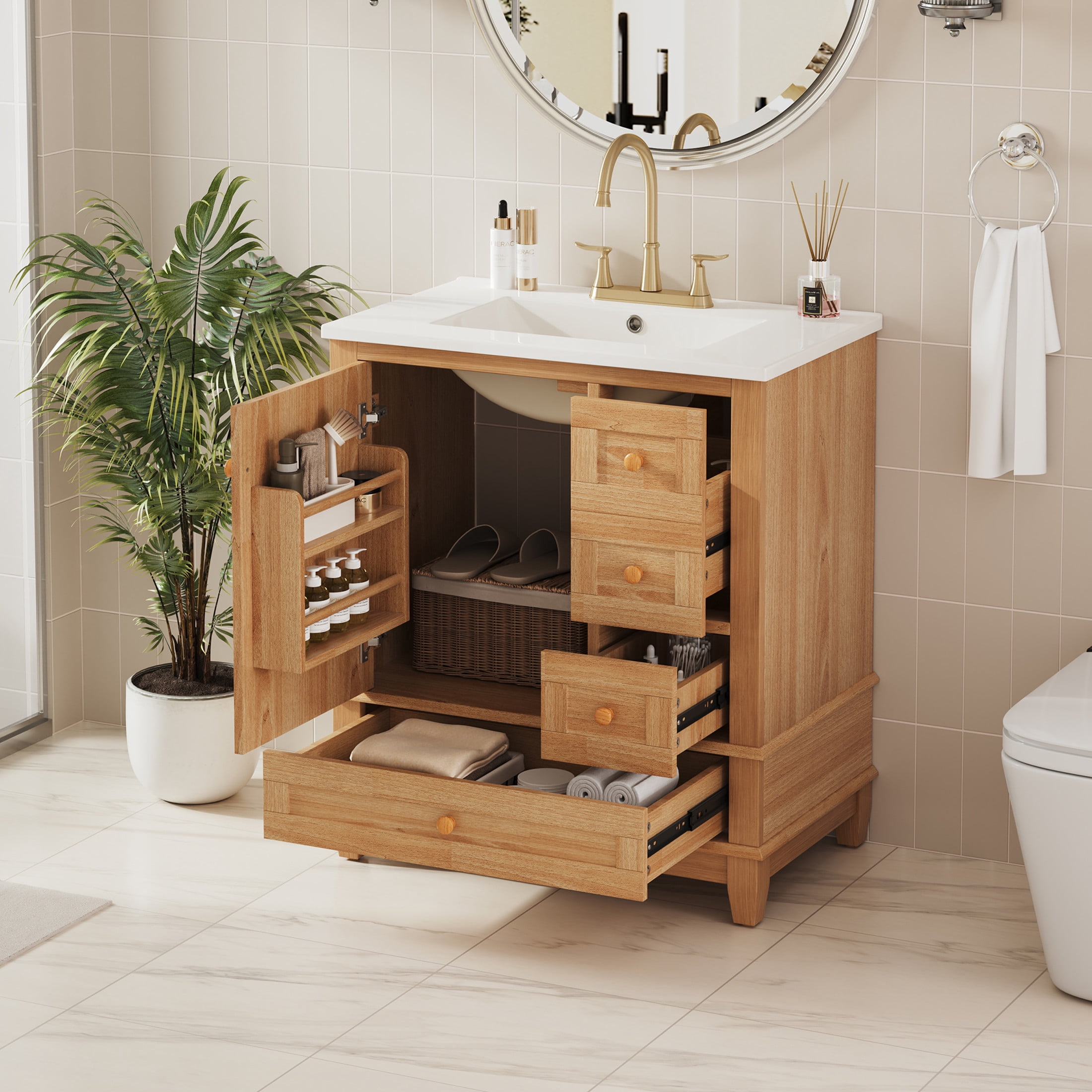 Christopher Knight Home 30" Bathroom Vanity with Ceramic Sink, Soft-Close Door and 3 Drawers, Natural Wood