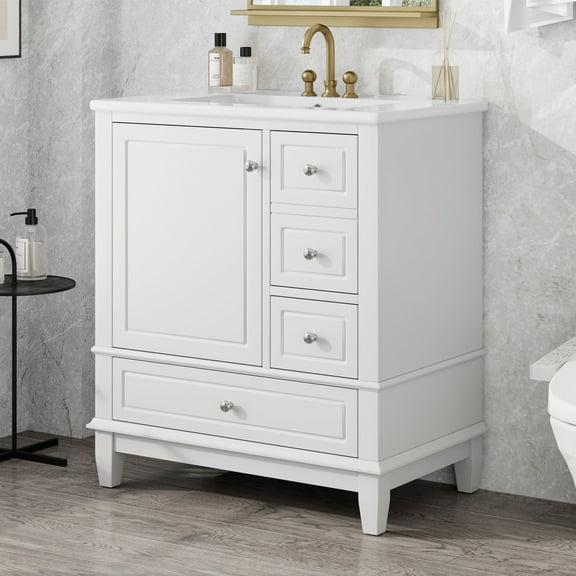 Christopher Knight Home 30" Bathroom Vanity with Ceramic Sink, Soft-Close Door and 3 Drawers, White