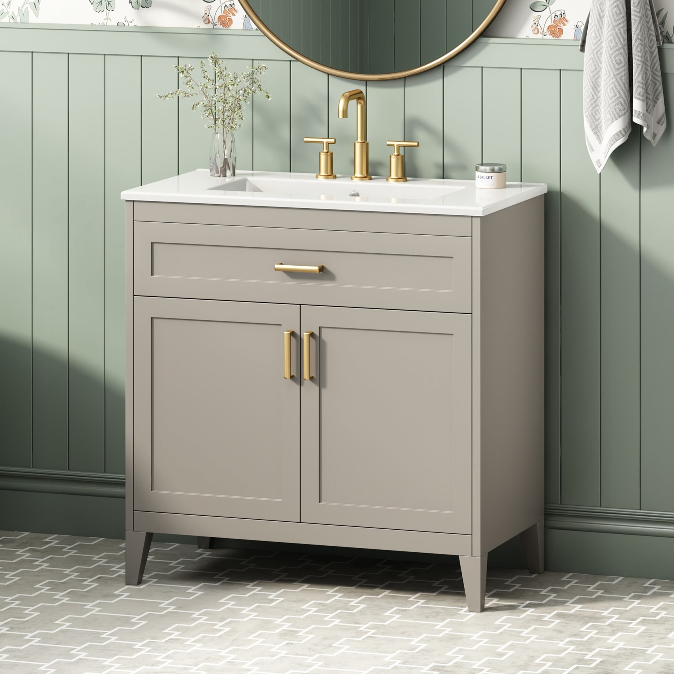 Christopher Knight Home 30" Bathroom Vanity with Ceramic Sink, Soft-Close Doors and Tip-Out Drawer, Beige