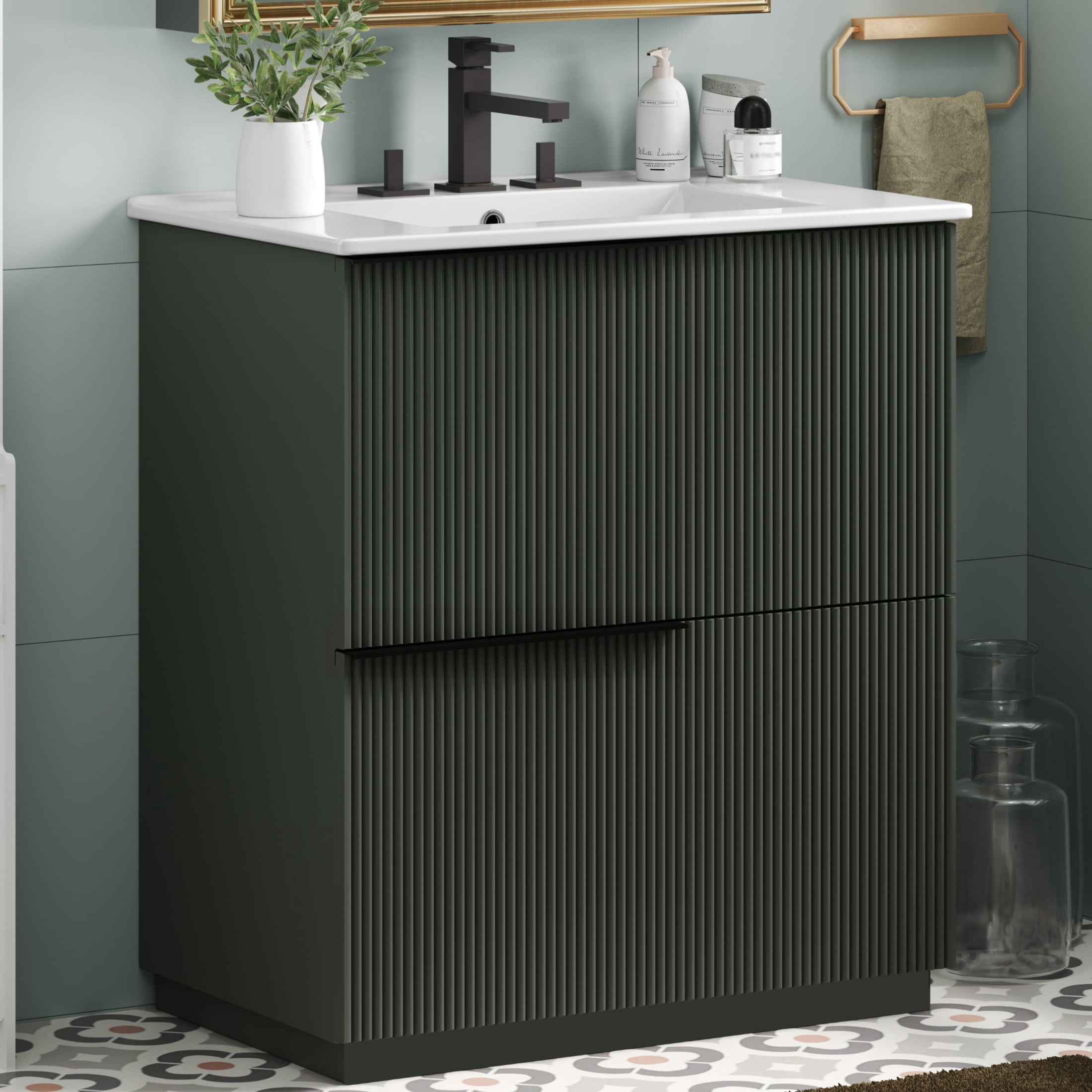 Christopher Knight Home 30" Bathroom Vanity with Ceramic Sink and Soft Close Drawers, Fluted Design, Green