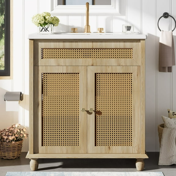 Christopher Knight Home 30" Bathroom Vanity with Handwoven Rattan Doors & Resin Basin, Soft-Close Door, Natural Wood