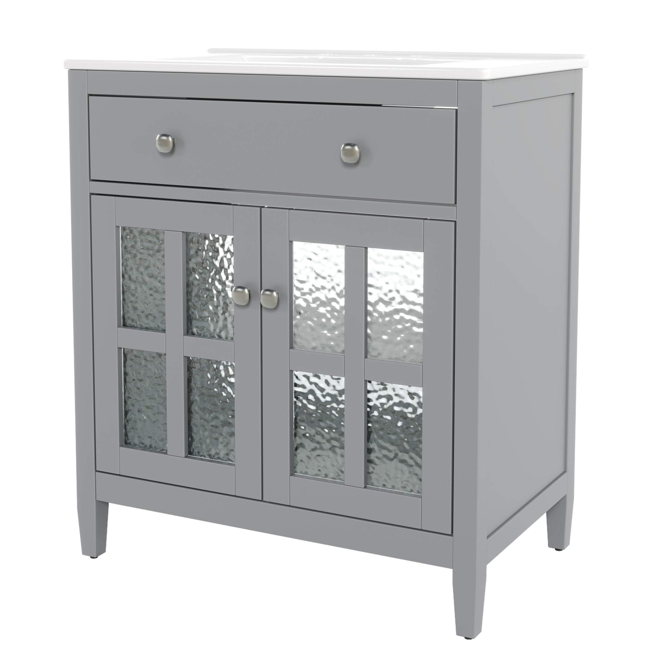 Christopher Knight Home 30" Bathroom Vanity with Sink, Glass Door, Tip-Out Tray, Solid Wood Legs, Grey