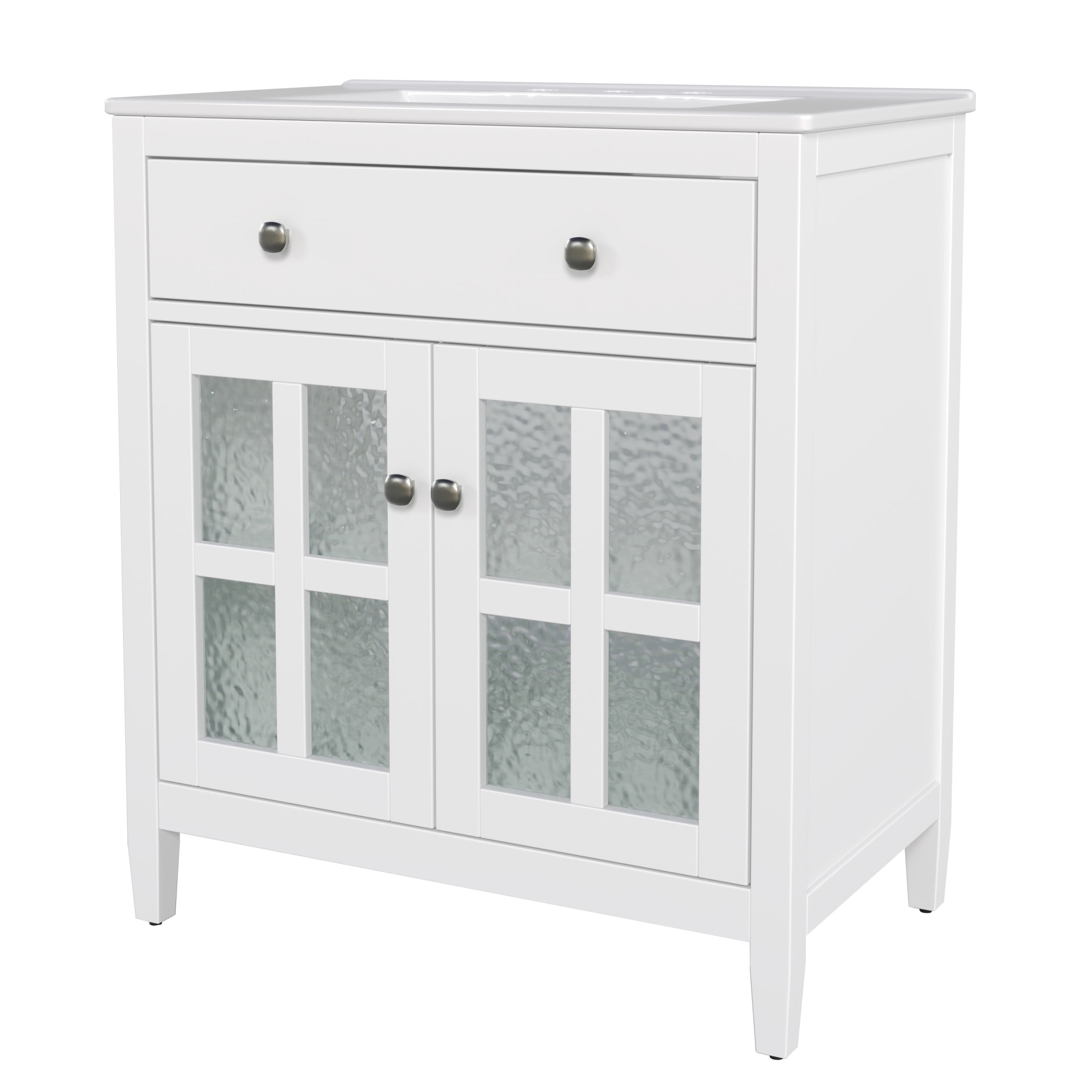 Christopher Knight Home 30" Bathroom Vanity with Sink, Glass Door, Tip-Out Tray, Solid Wood Legs, White