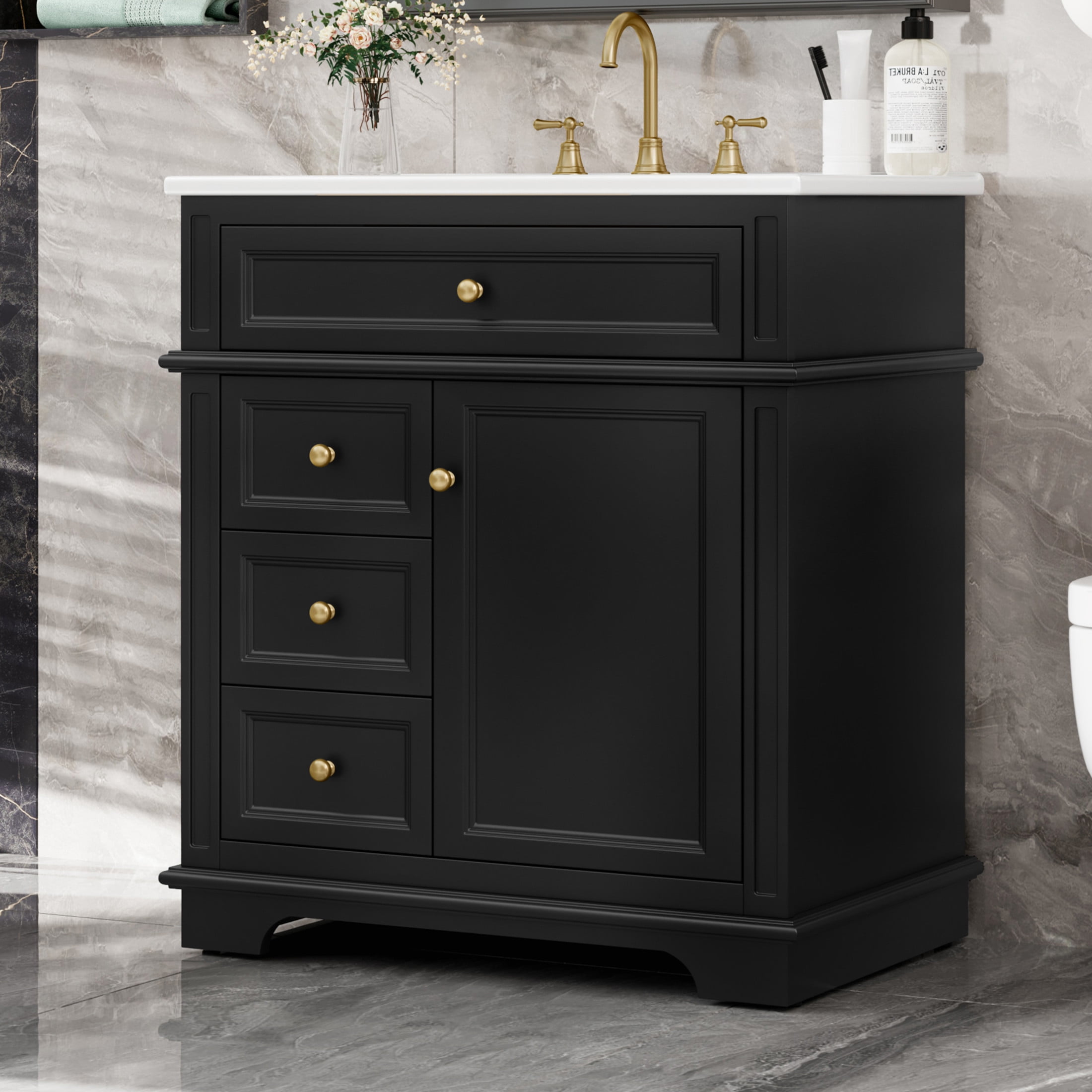 Christopher Knight Home 30" Bathroom Vanity with Sink, Soft-Close Door, Tip-out Drawer, Black