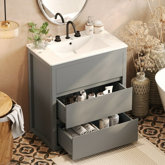 Christopher Knight Home 30" Bathroom Vanity with Sink, Soft-Close Drawers & Beveled Handleless Design, Gray