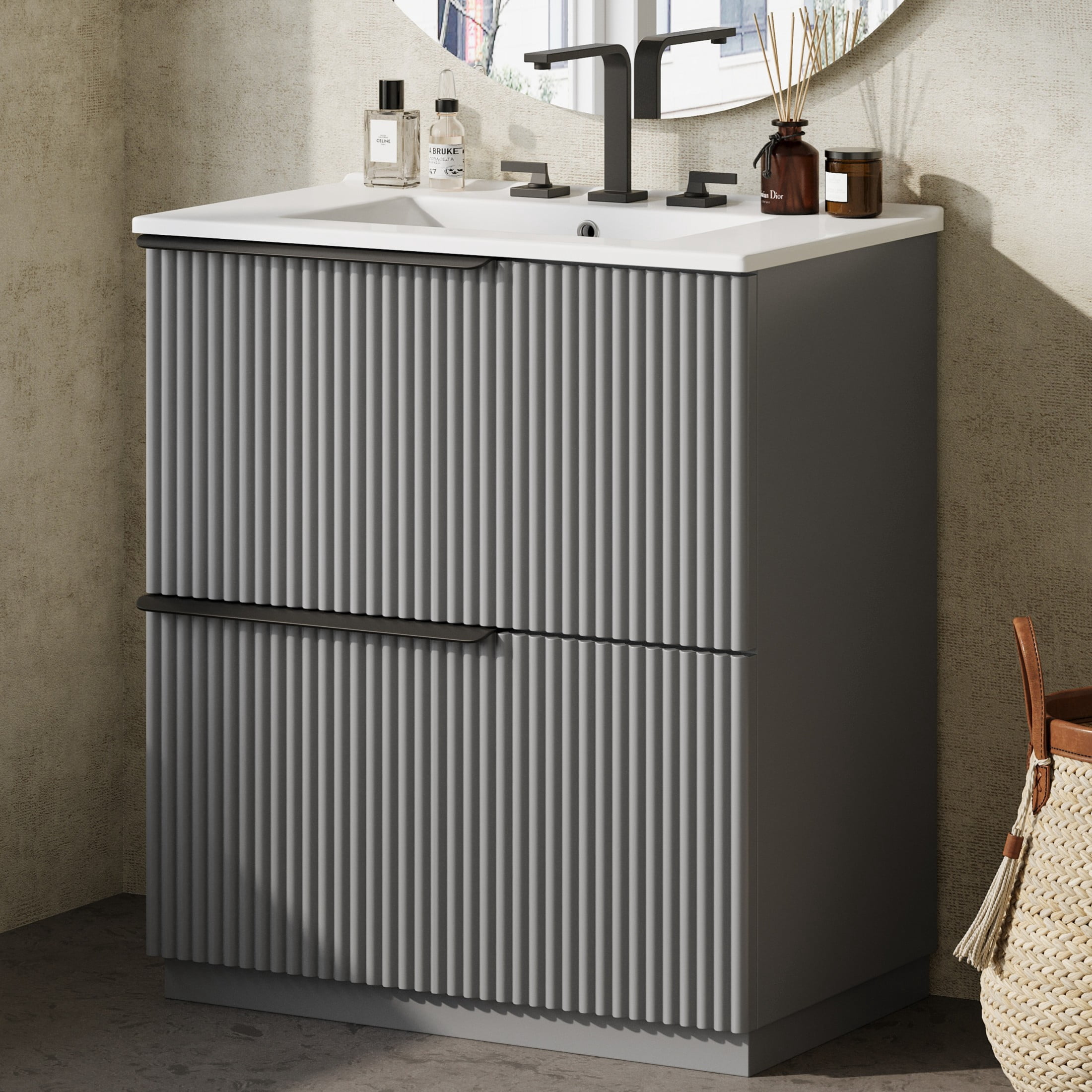 Christopher Knight Home 30" Bathroom Vanity with Sink, Soft-Close Drawers & Fluted Design, Gray
