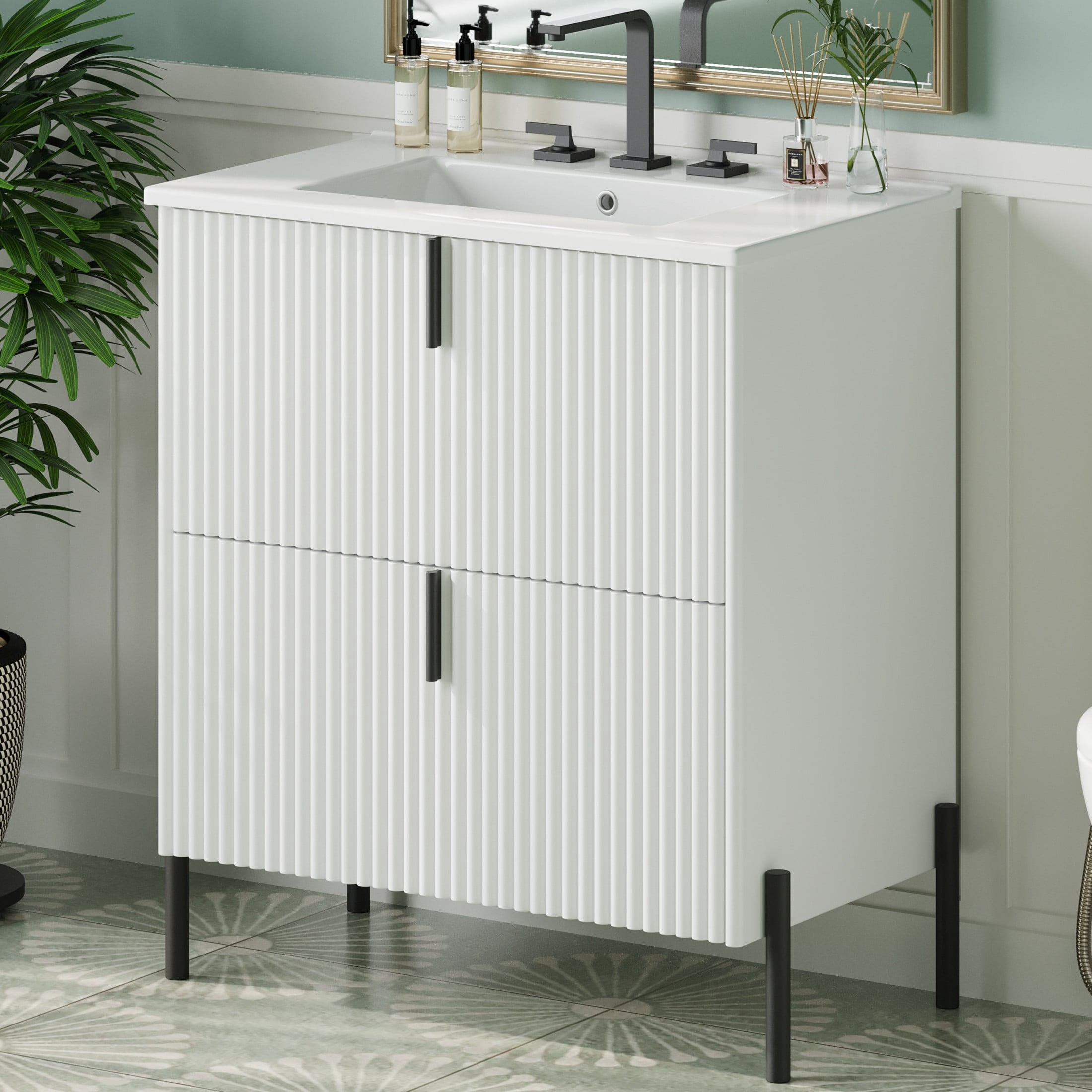 Christopher Knight Home 30" Bathroom Vanity with Sink, Soft-Close Drawers, Fluted Design, White