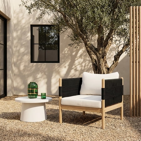 Christopher Knight Home 30" Contemporary Outdoor Wooden Club Chair with Black Rope & Cushion, Light Teak