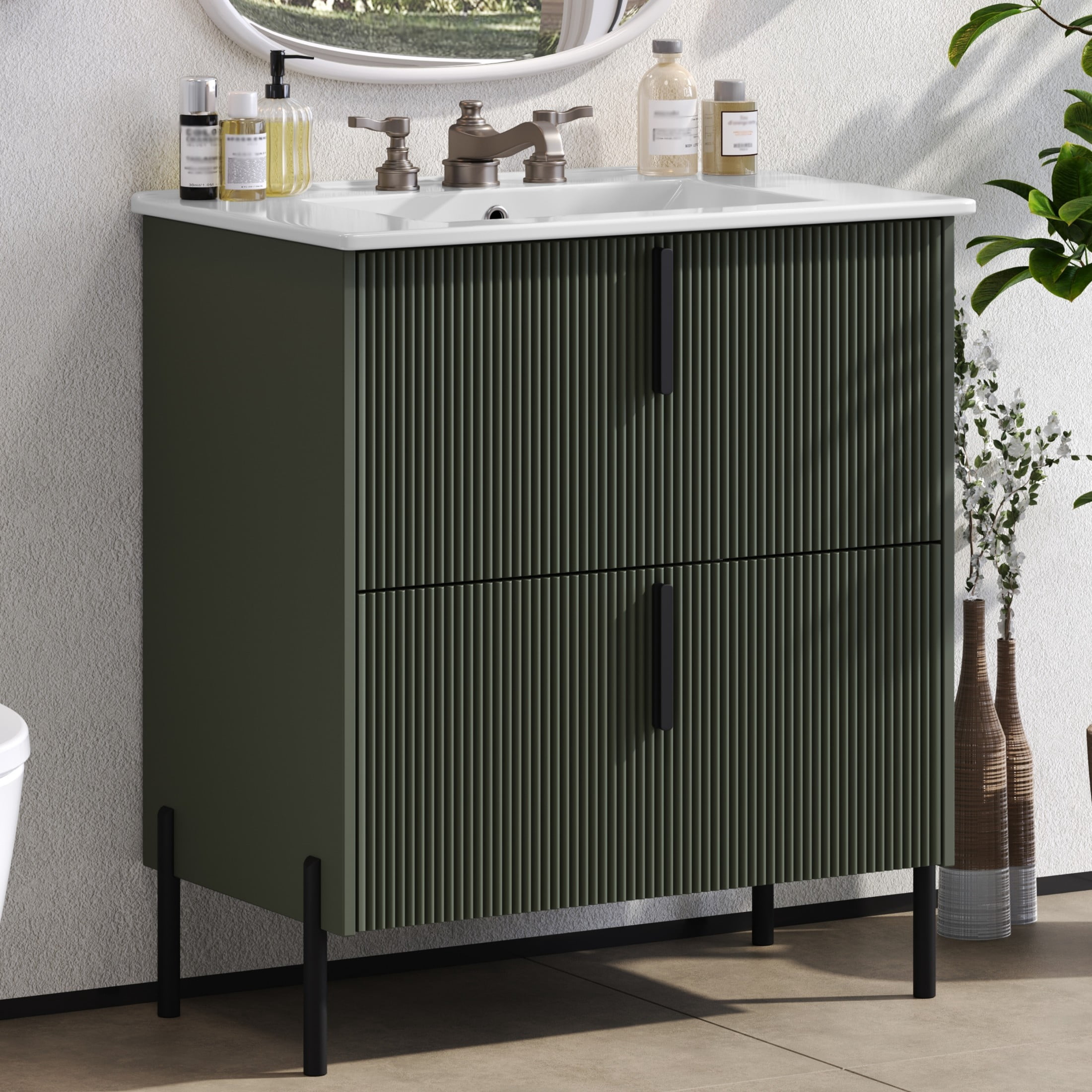 Christopher Knight Home 30" Green Bathroom Vanity with Ceramic Sink, Soft Close Drawers, Black Metal Legs