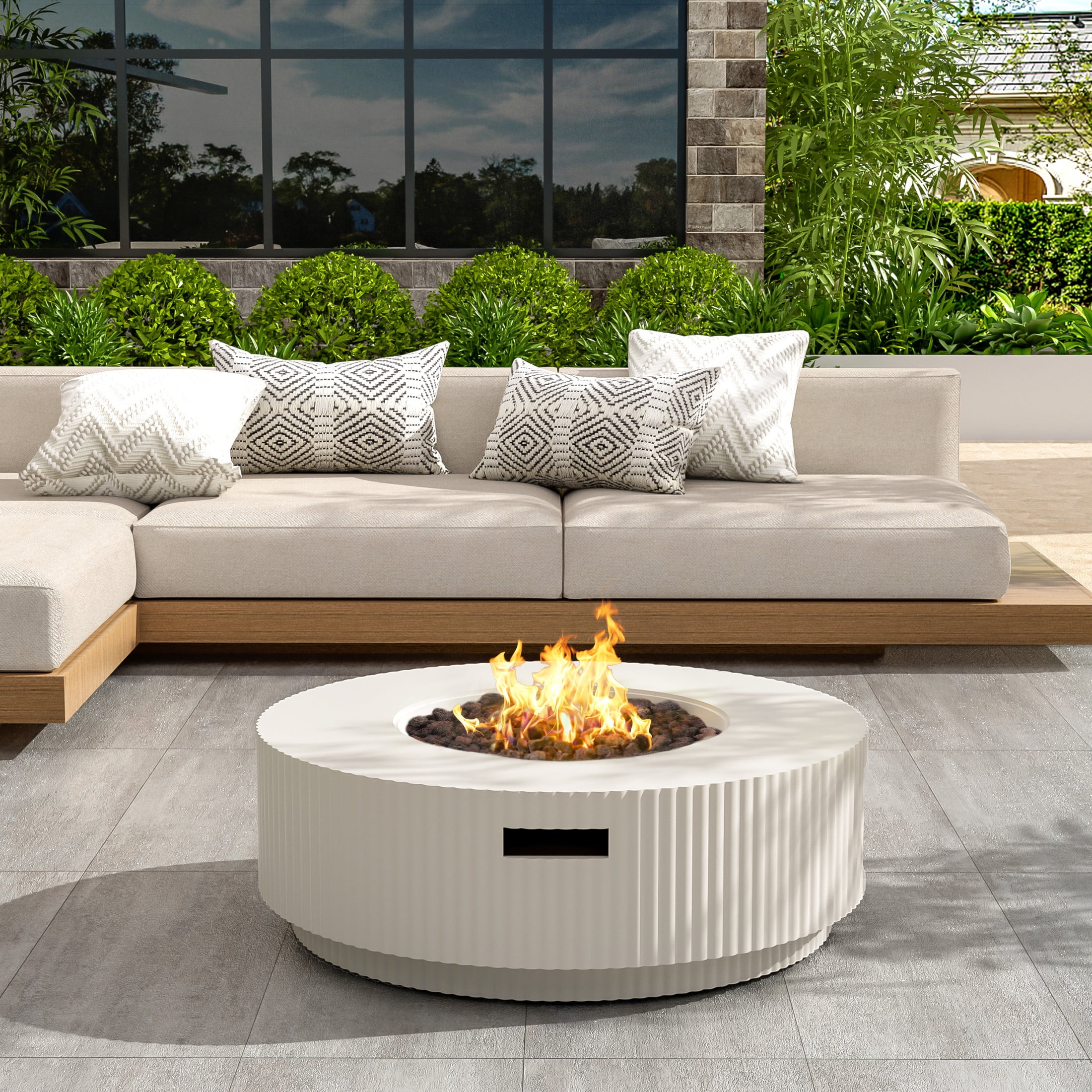 Christopher Knight Home 30" Patio MGO Propane Fire Pit, 40,000 BTU Ribbed Round Heater with Lid, White