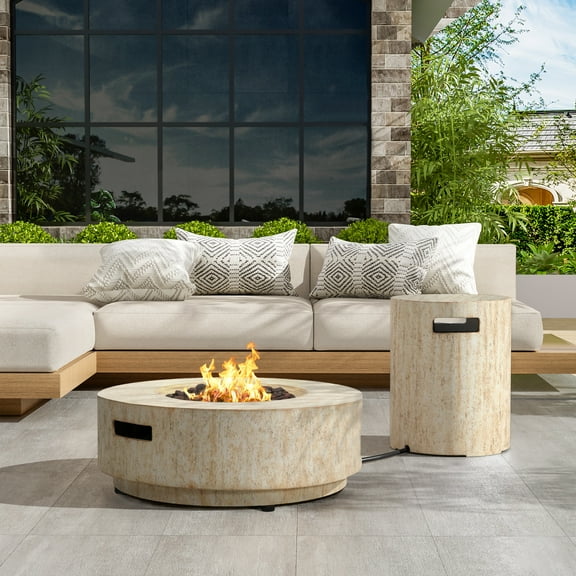 Christopher Knight Home 30" Patio MGO Propane Fire Pit Set, 40,000 BTU Ribbed Round Heater with Lid and Tank Cover, Beige
