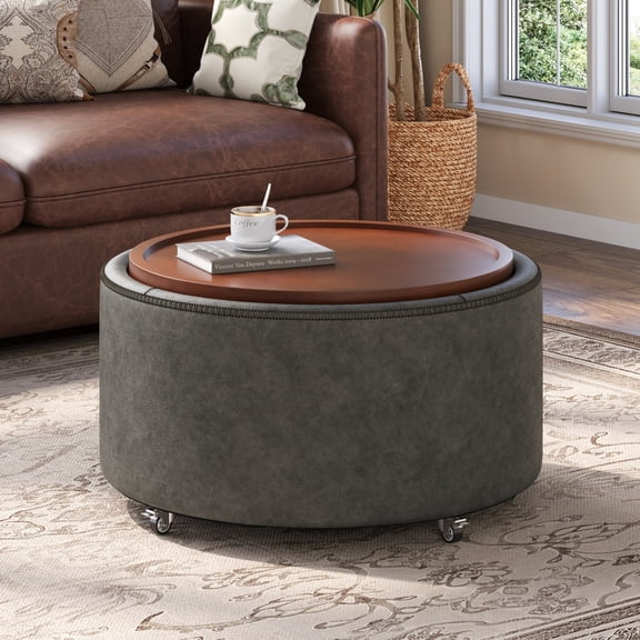 Christopher Knight Home 30" Round Storage Ottoman with Wheels, Removable Wood Lid, Gray