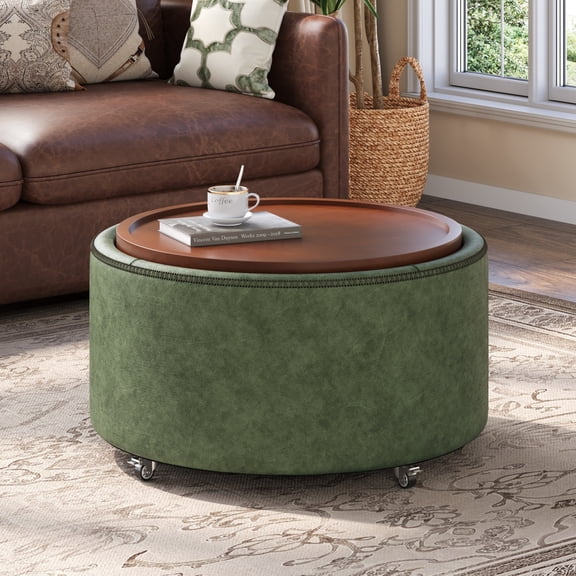 Christopher Knight Home 30" Round Storage Ottoman with Wheels, Removable Wood Lid, Olive Green