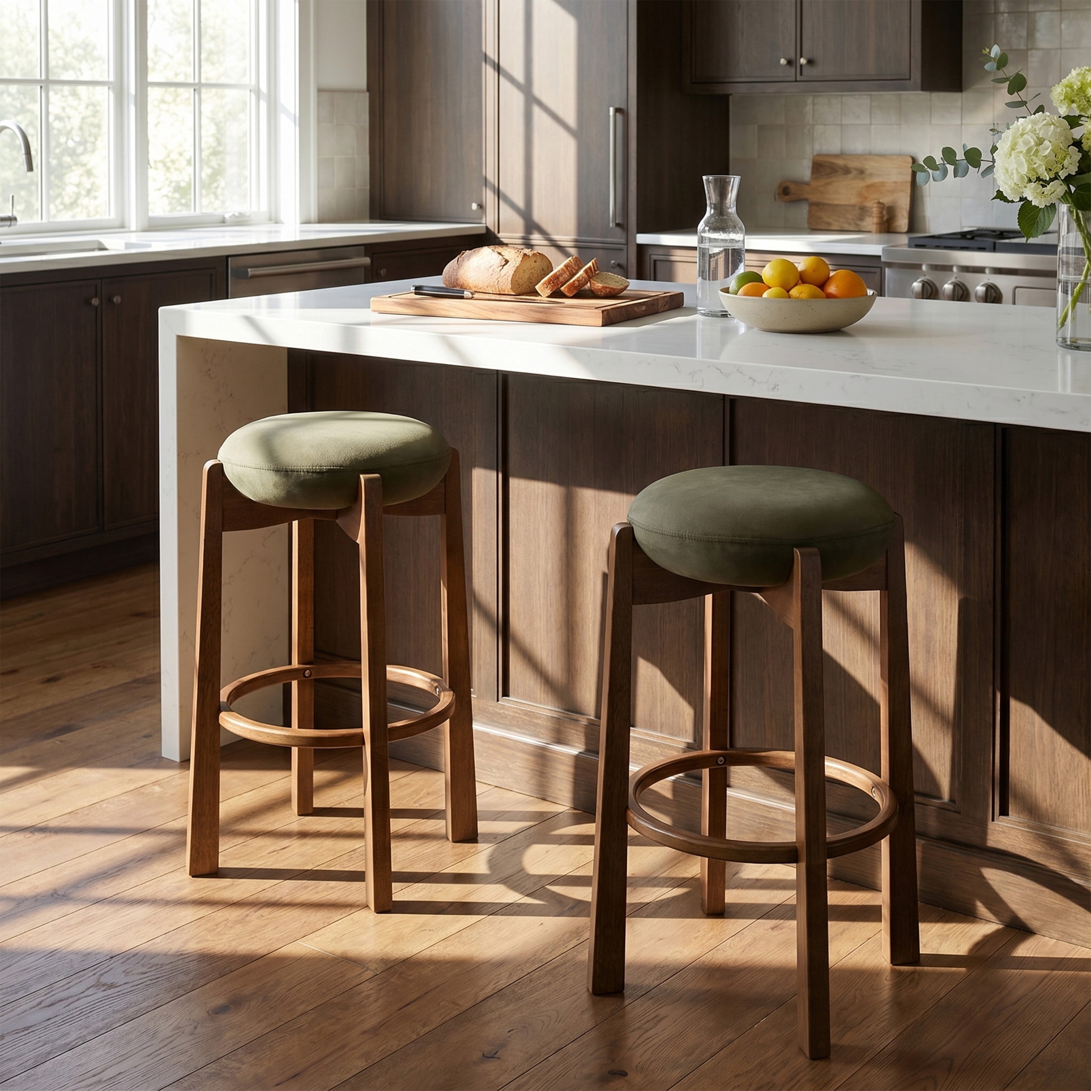 Christopher Knight Home 30" Round Upholstered Bar Stools, Wooden Frame, Dark Walnut + Green, Set of 2