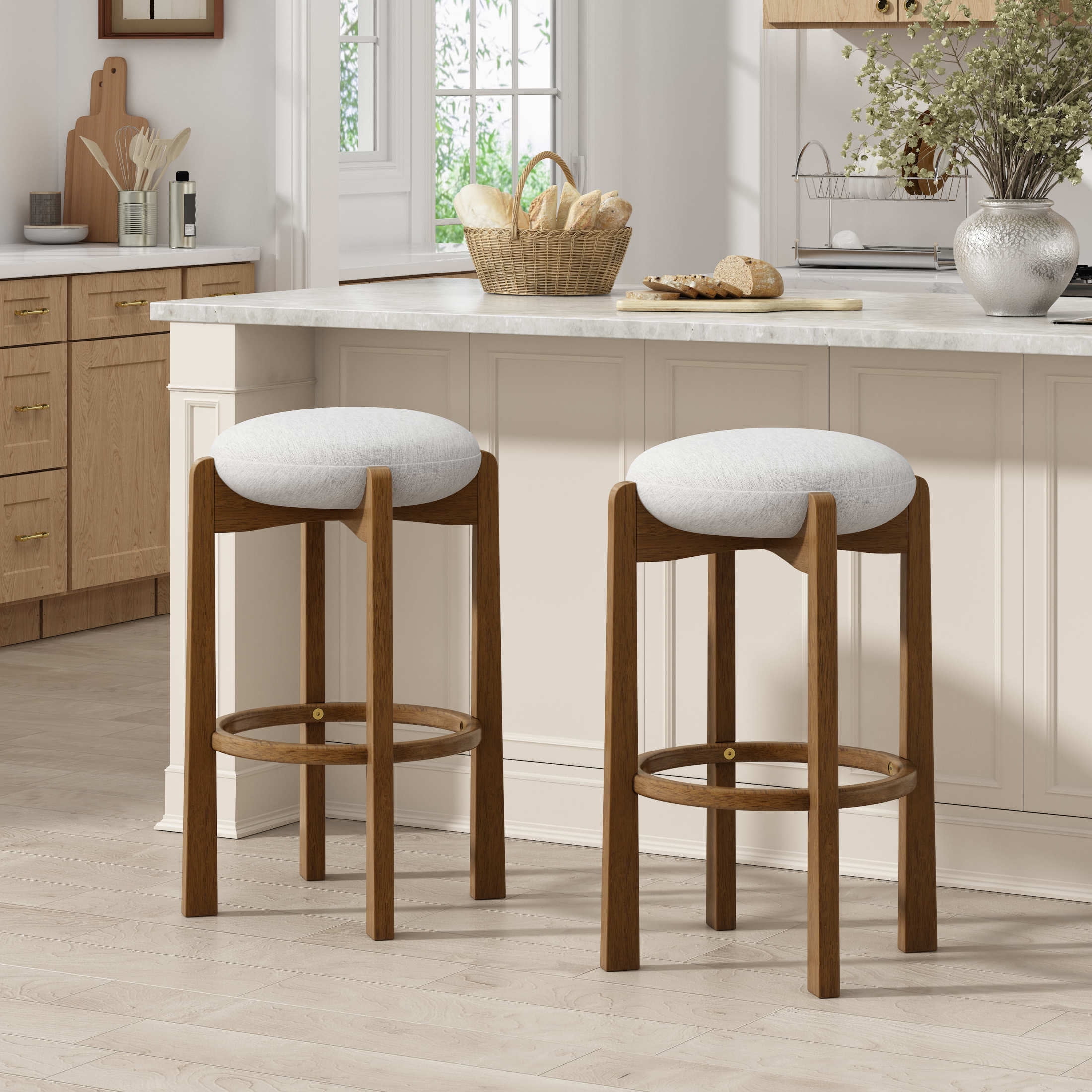 Christopher Knight Home 30" Round Upholstered Bar Stools, Wooden Frame, Dark Walnut + Ivory, Set of 2