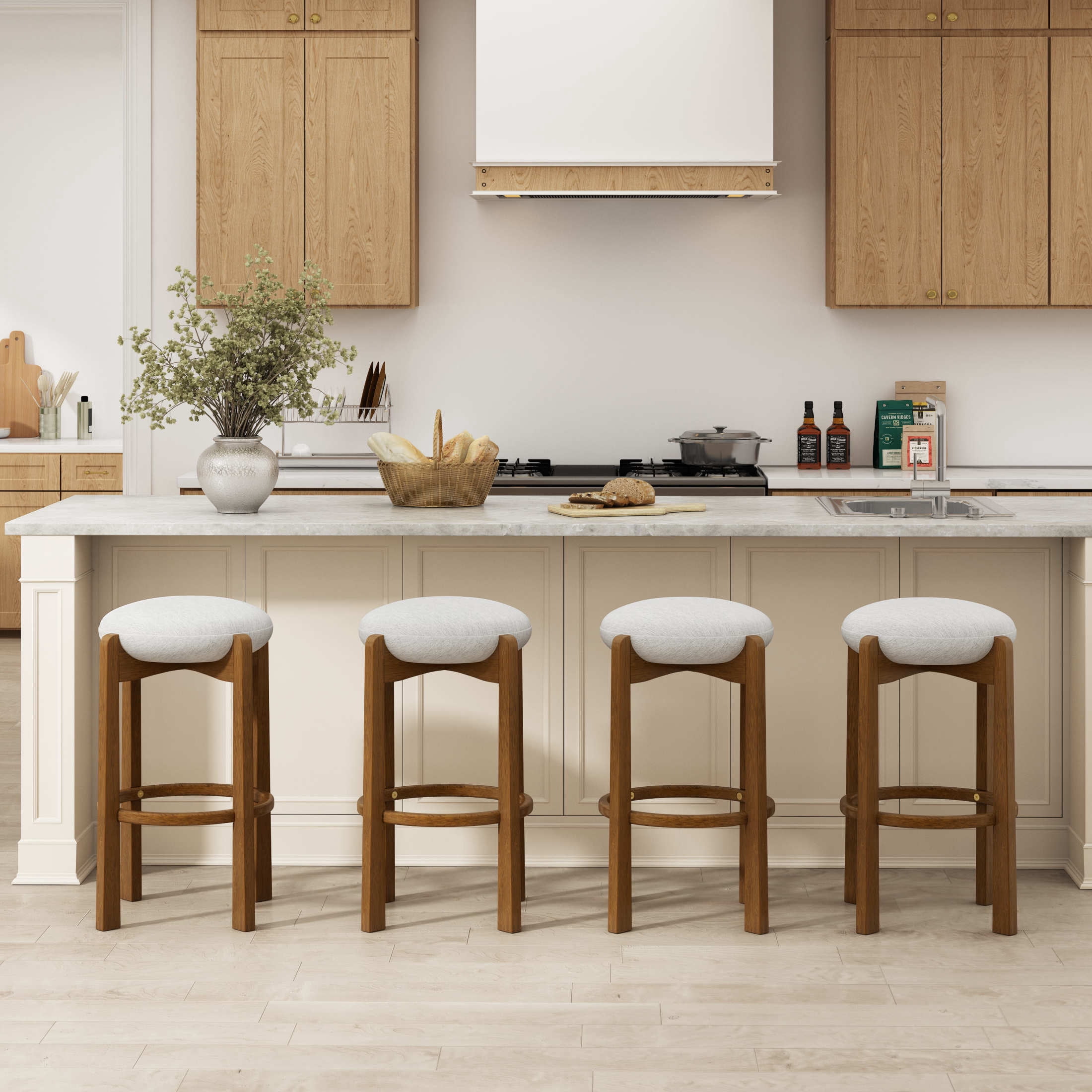 Christopher Knight Home 30" Round Upholstered Bar Stools, Wooden Frame, Dark Walnut + Ivory, Set of 4