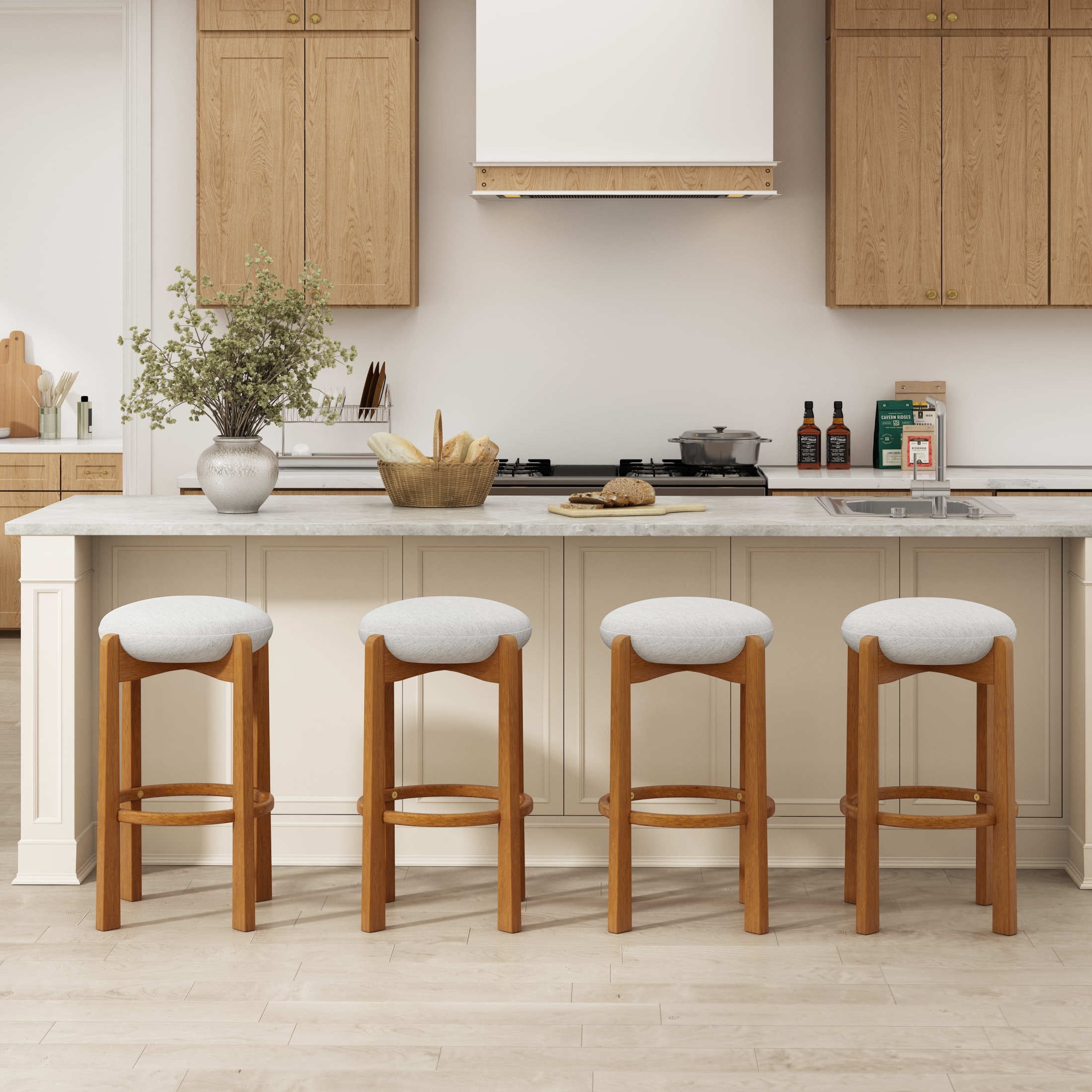 Christopher Knight Home 30" Round Upholstered Bar Stools, Wooden Frame, Walnut + Ivory, Set of 4