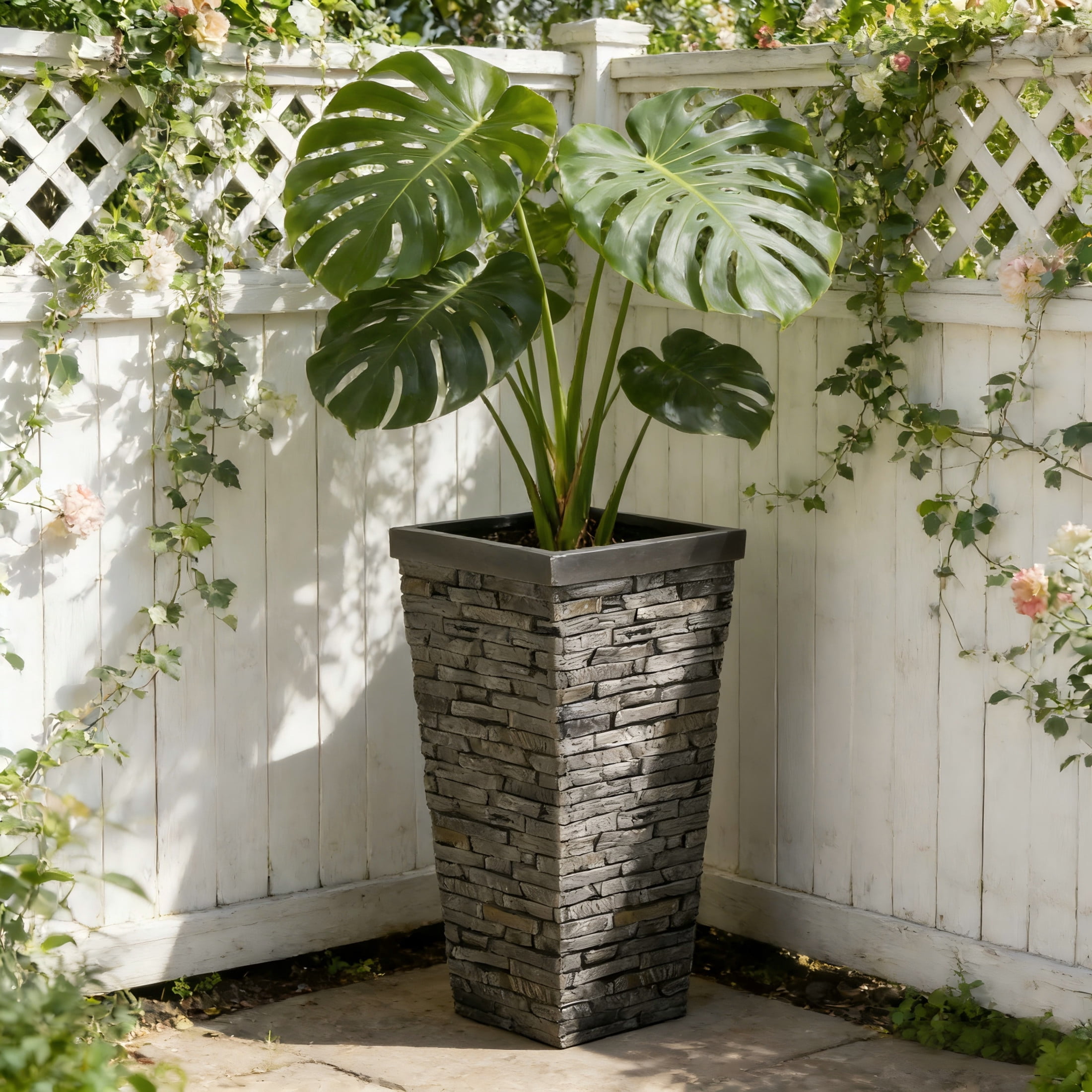 Christopher Knight Home 30" Tall MGO Indoor Outdoor Square Planter Pot with Stone-Effect, Gray