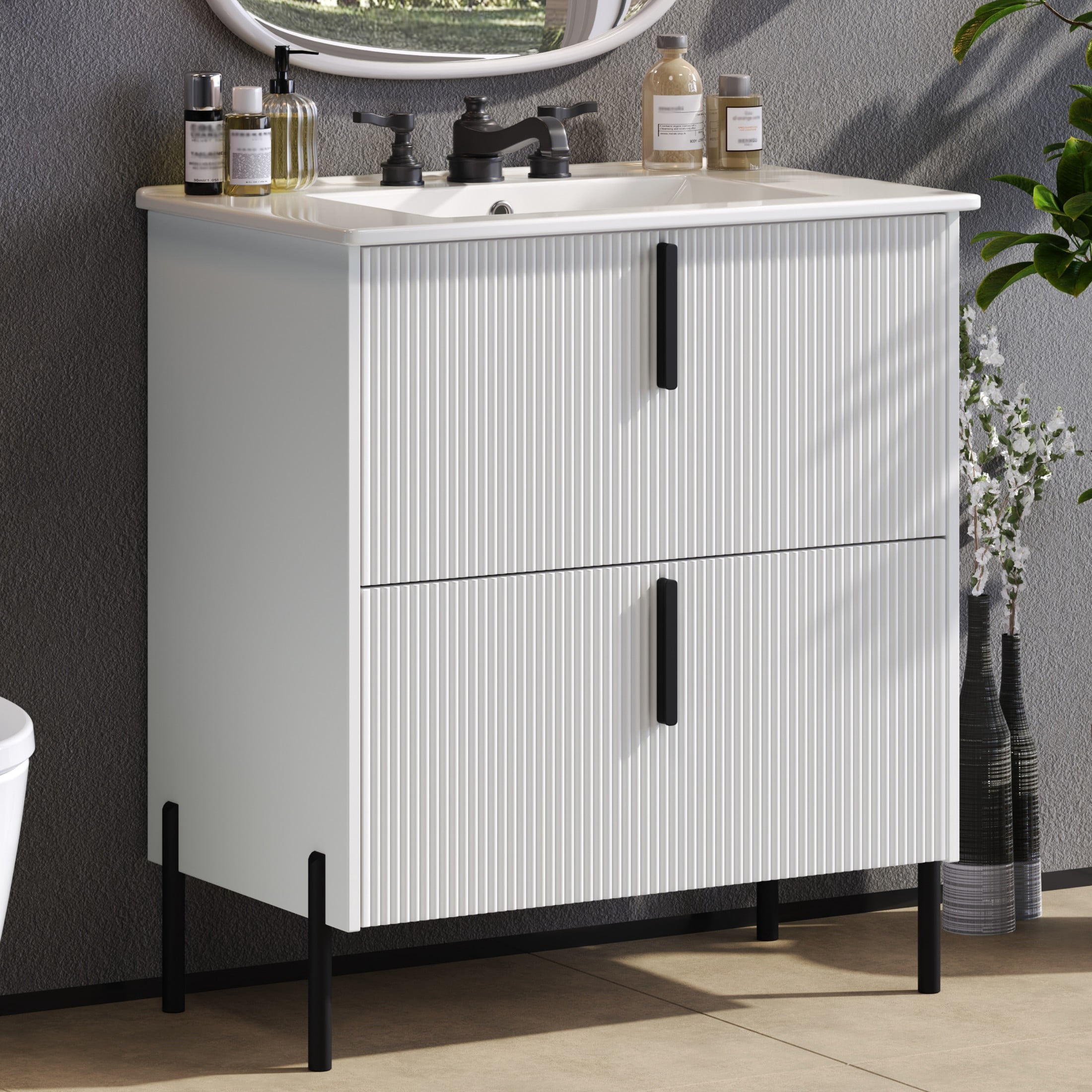 Christopher Knight Home 30" White Bathroom Vanity with Ceramic Sink, Soft Close Drawers, Black Metal Legs