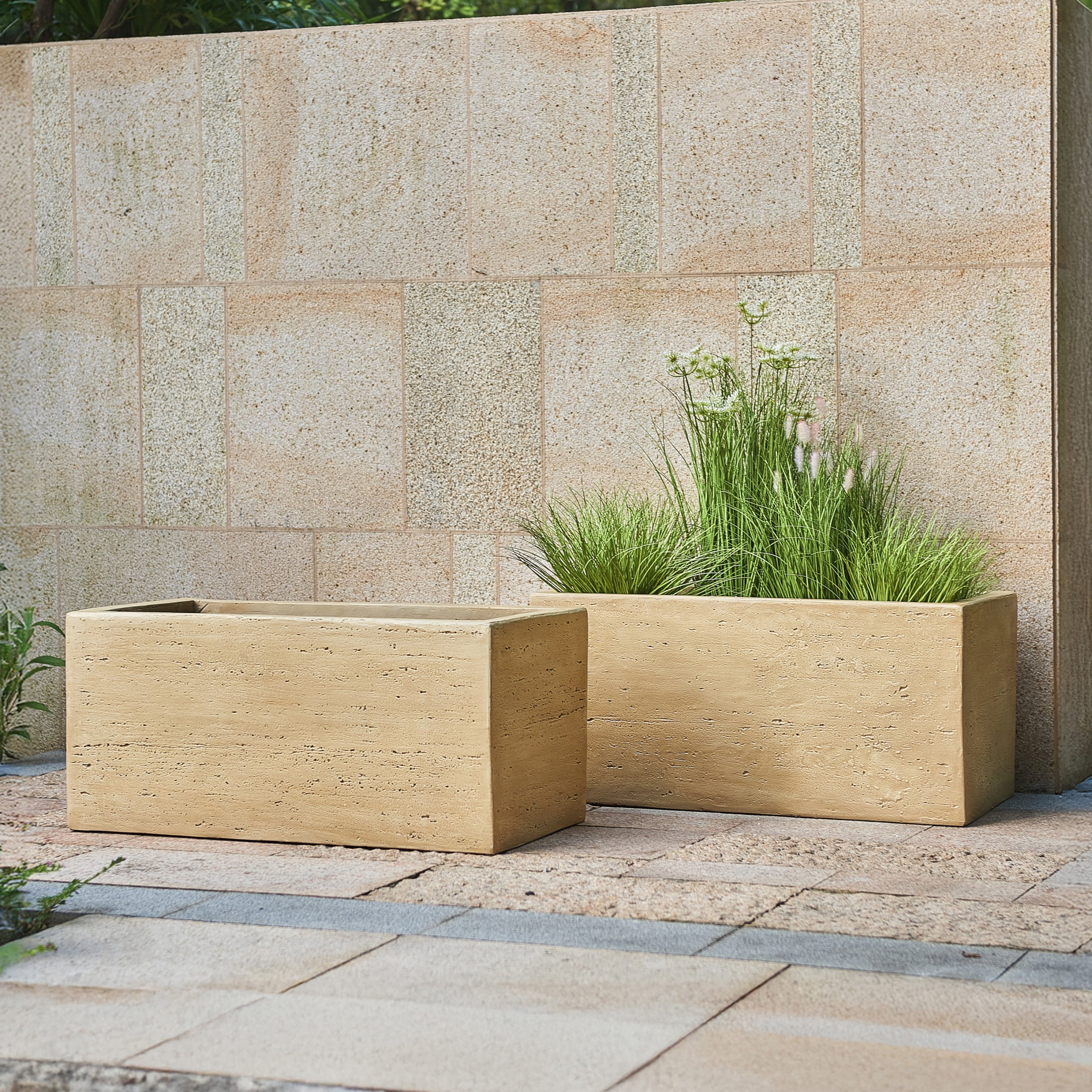 Christopher Knight Home 31.25" Handmade MGO Rectangular Planter Box with Drainage Hole, Travertine Beige, Set of 2